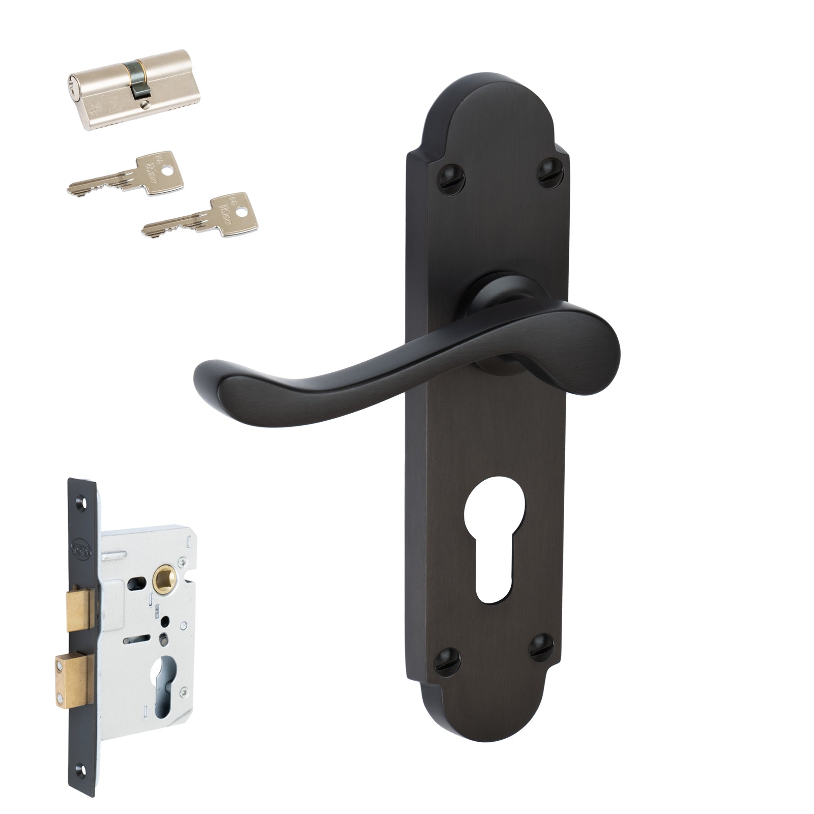 Savoy Door Handles On Plate Euro Lock Handle Set in Matt Bronze