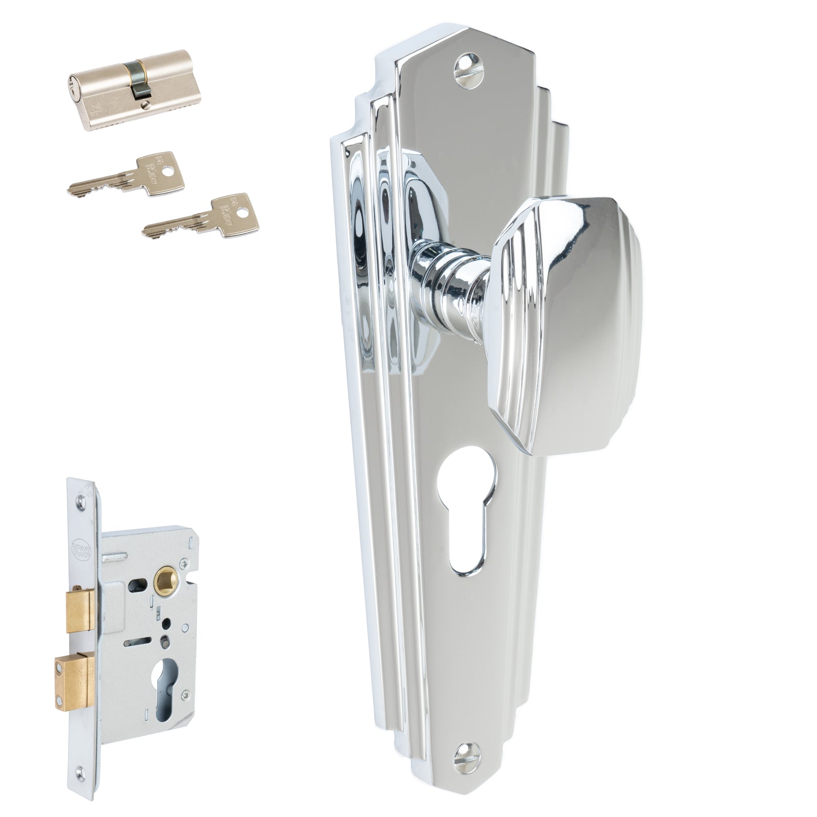 Charlston Door Handles On Plate Euro Lock Handle Set in Polished Chrome