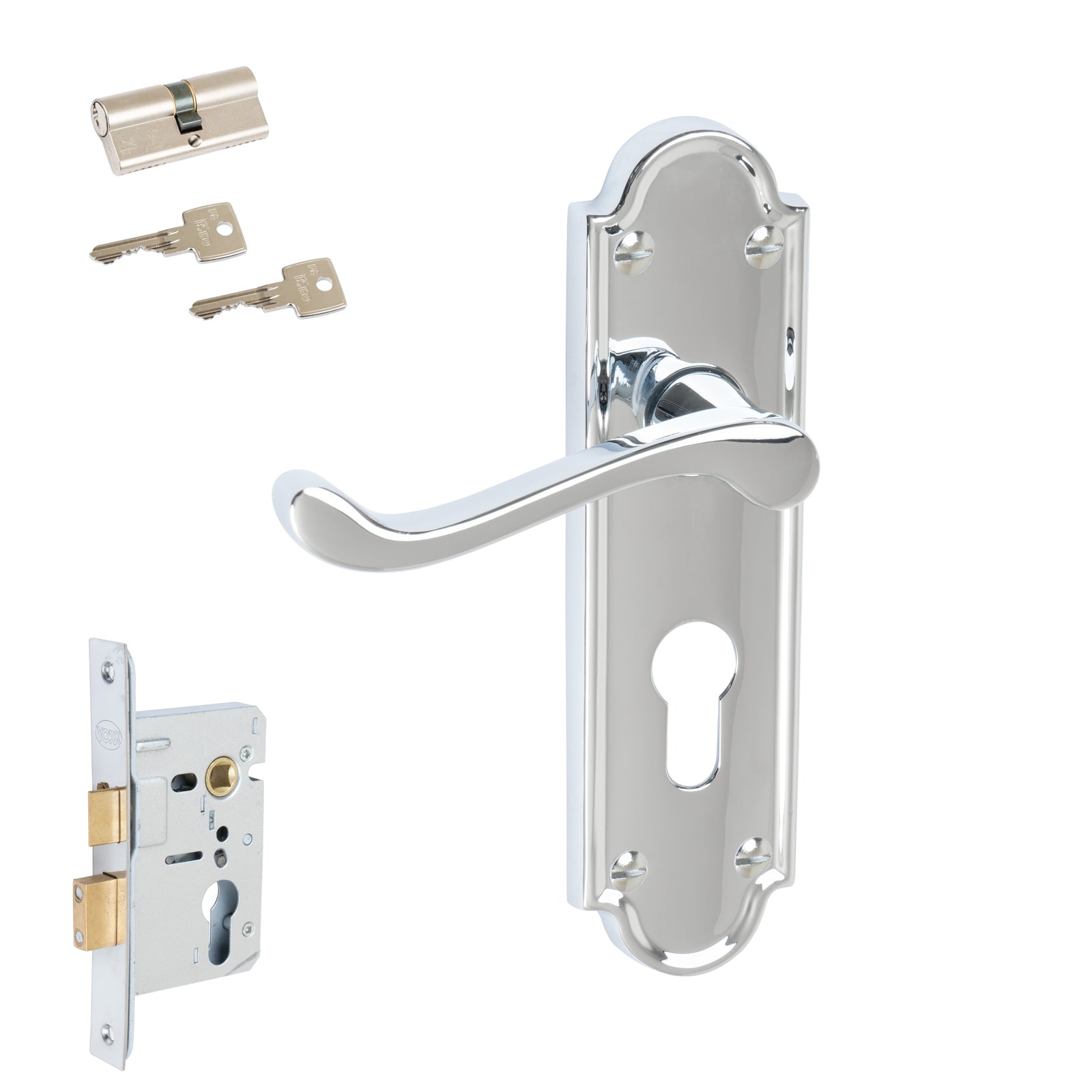 Meridian Door Handles On Plate Euro Lock Handle Set in Polished Chrome