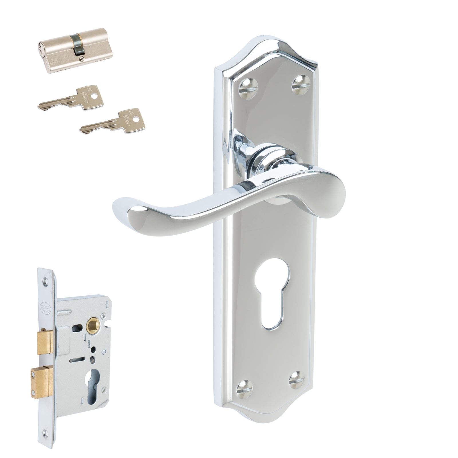 Buckingham Door Handles On Plate Euro Lock Handle Set in Polished Chrome