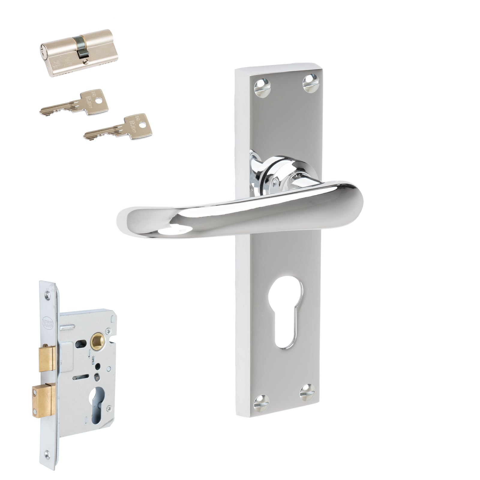 Windsor Door Handles On Plate Euro Lock Handle Set in Polished Chrome