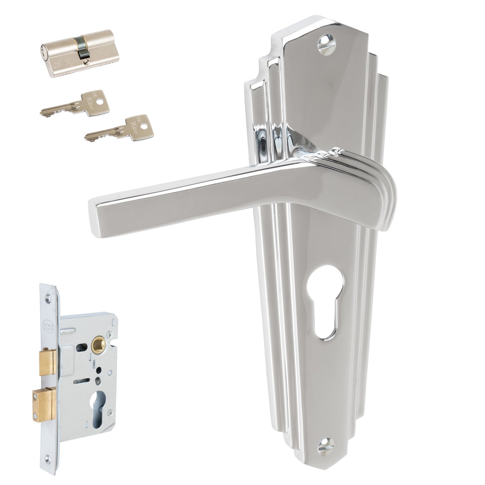 Waldorf Door Handles On Plate Euro Lock Handle Set in Polished Chrome