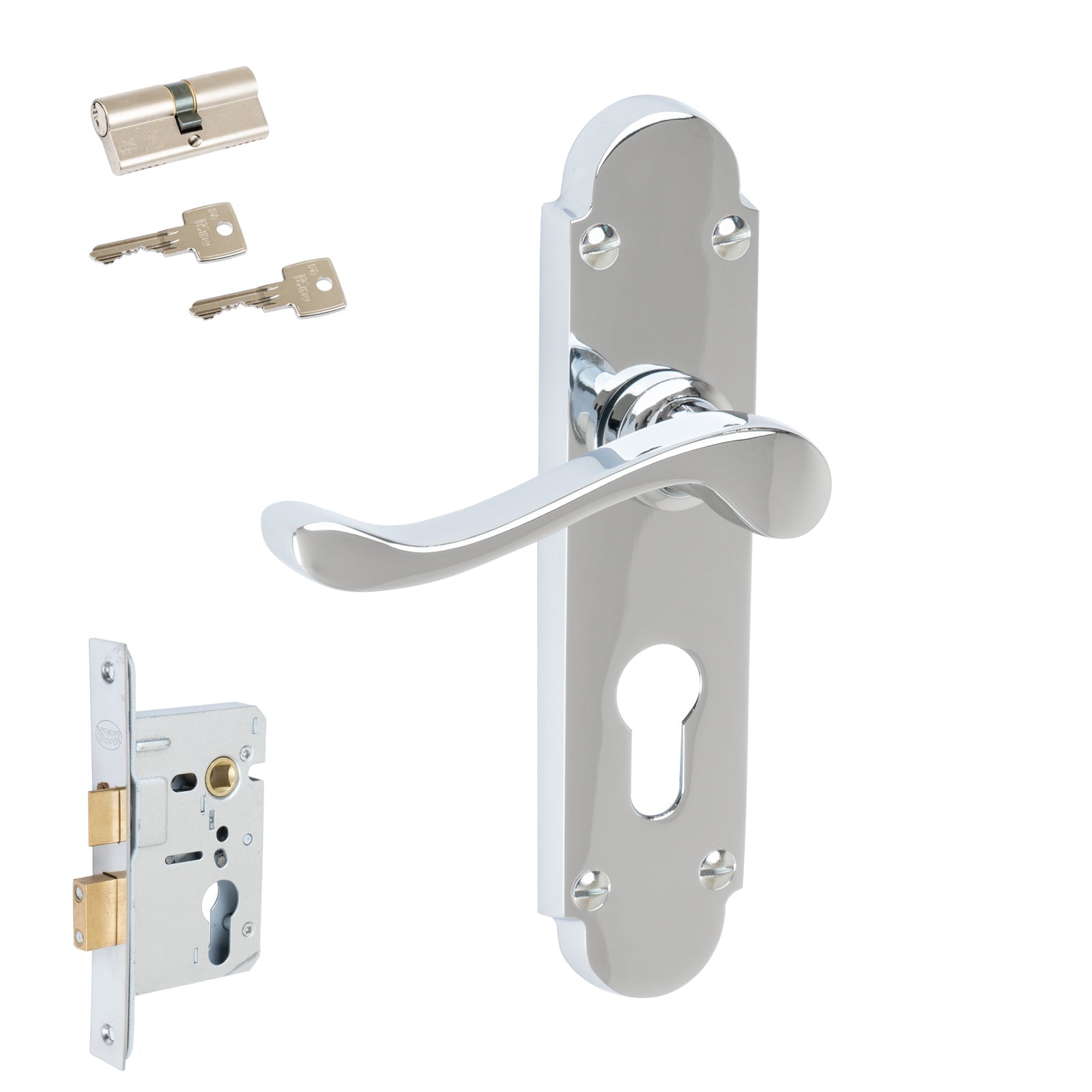 Savoy Door Handles On Plate Euro Lock Handle Set in Polished Chrome