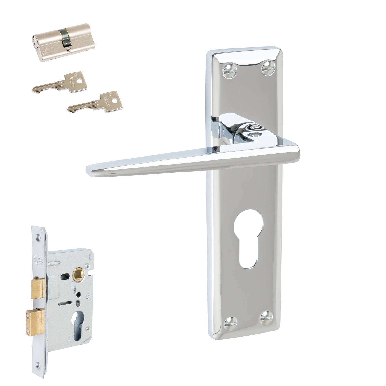 Kendal Door Handles On Plate Euro Lock Handle Set in Polished Chrome