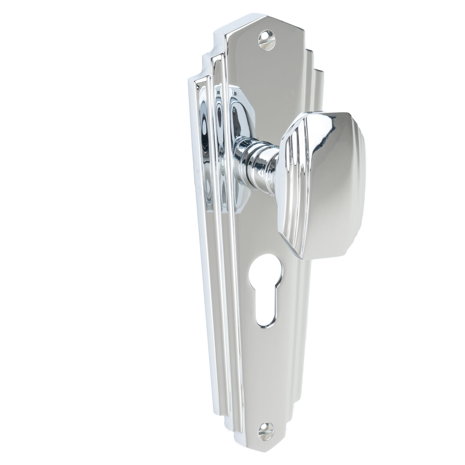 Charlston Door Handles On Plate Euro Lock Handle in Polished Chrome