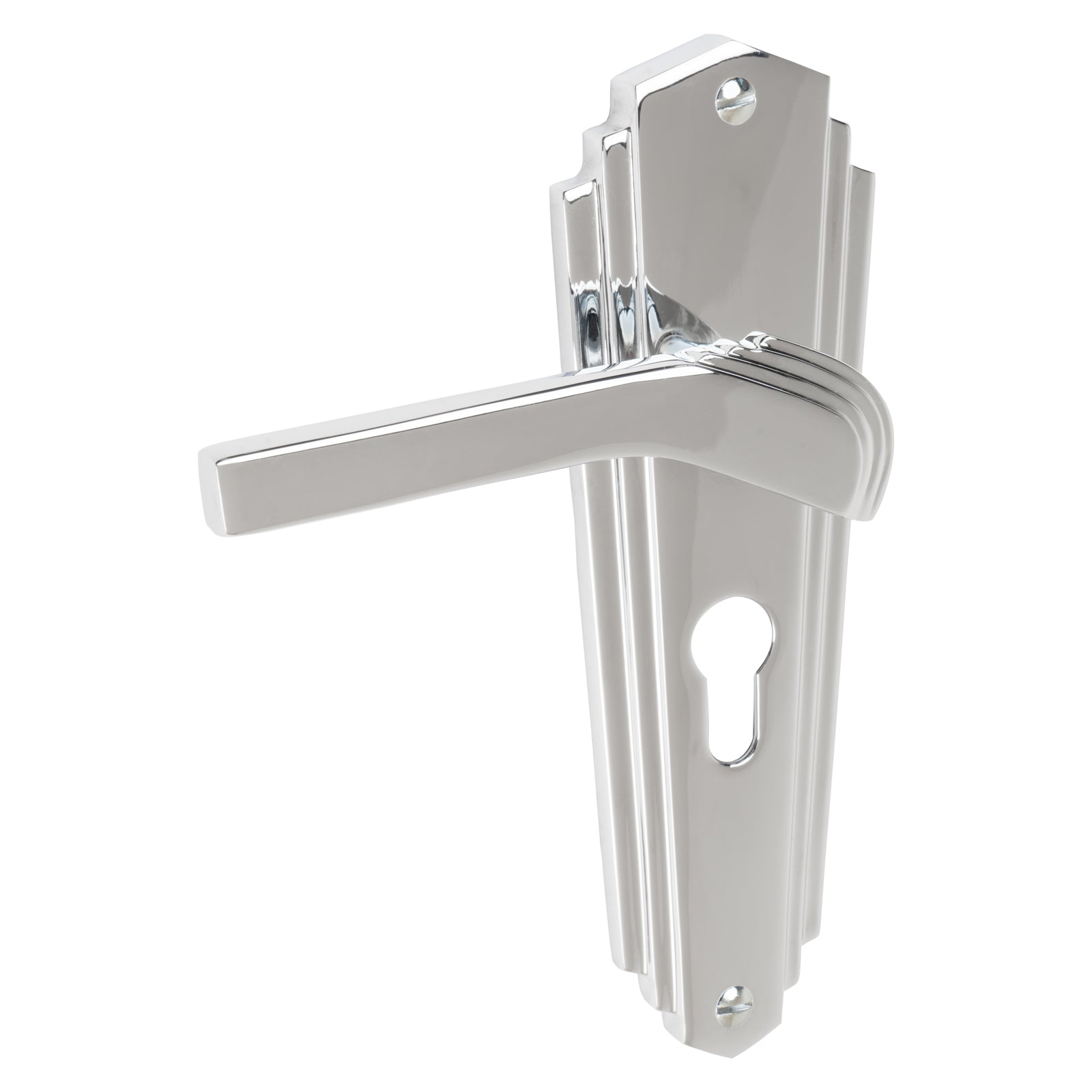 Waldorf Door Handles On Plate Euro Lock Handle in Polished Chrome