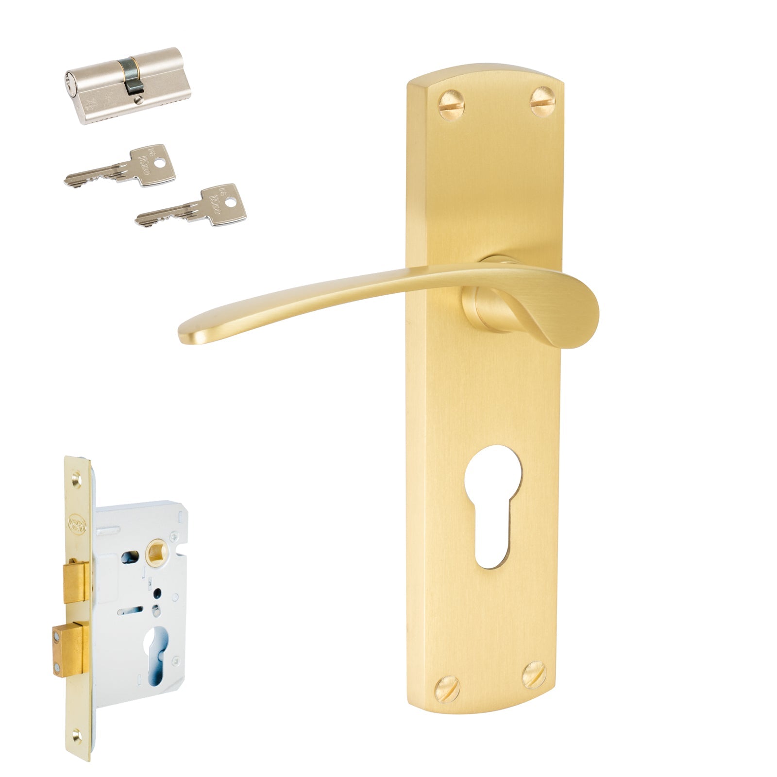 Diplomat Door Handles On Plate Euro Lock Handle Set in Satin Brass