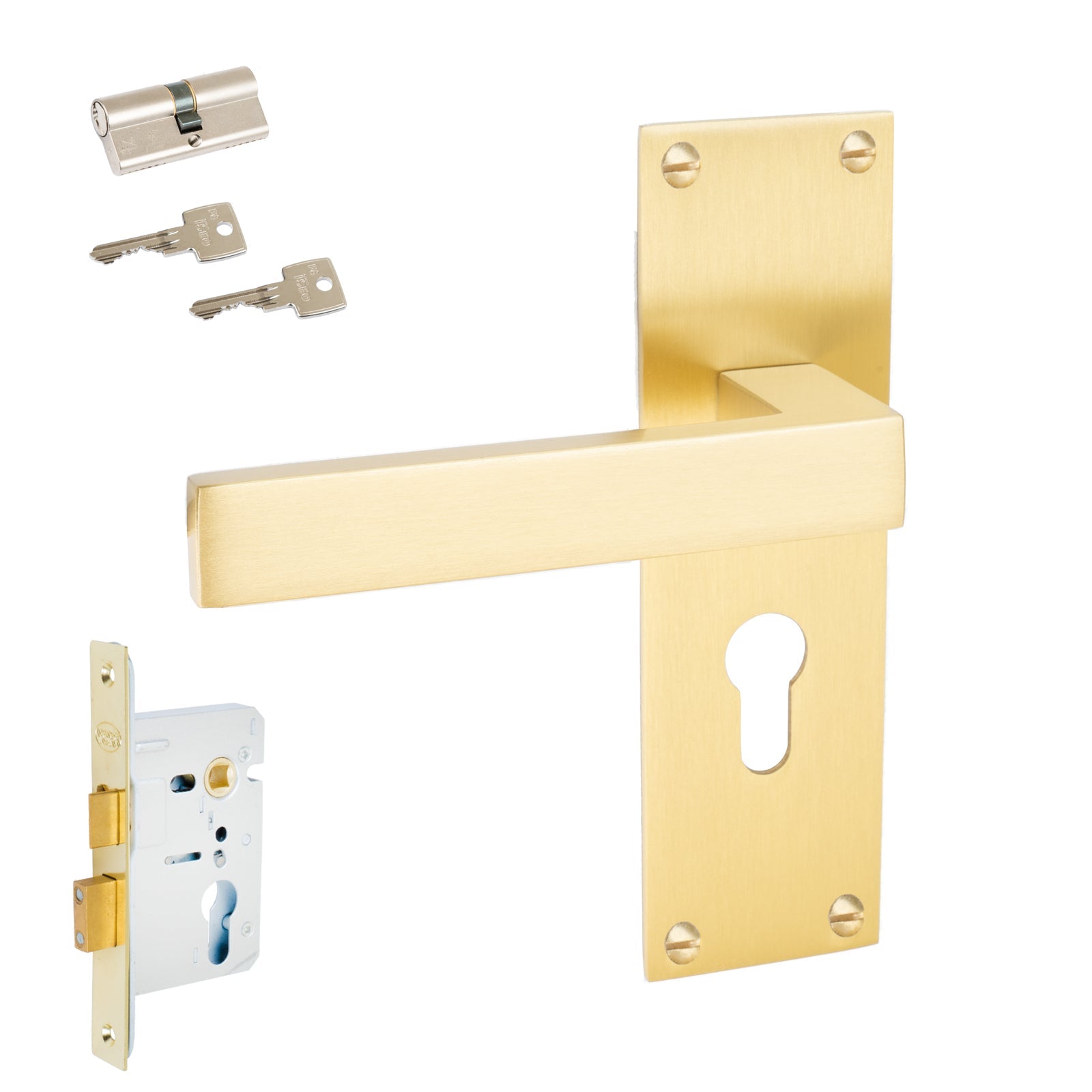 Metro Door Handles On Plate Euro Lock Handle Set in Satin Brass