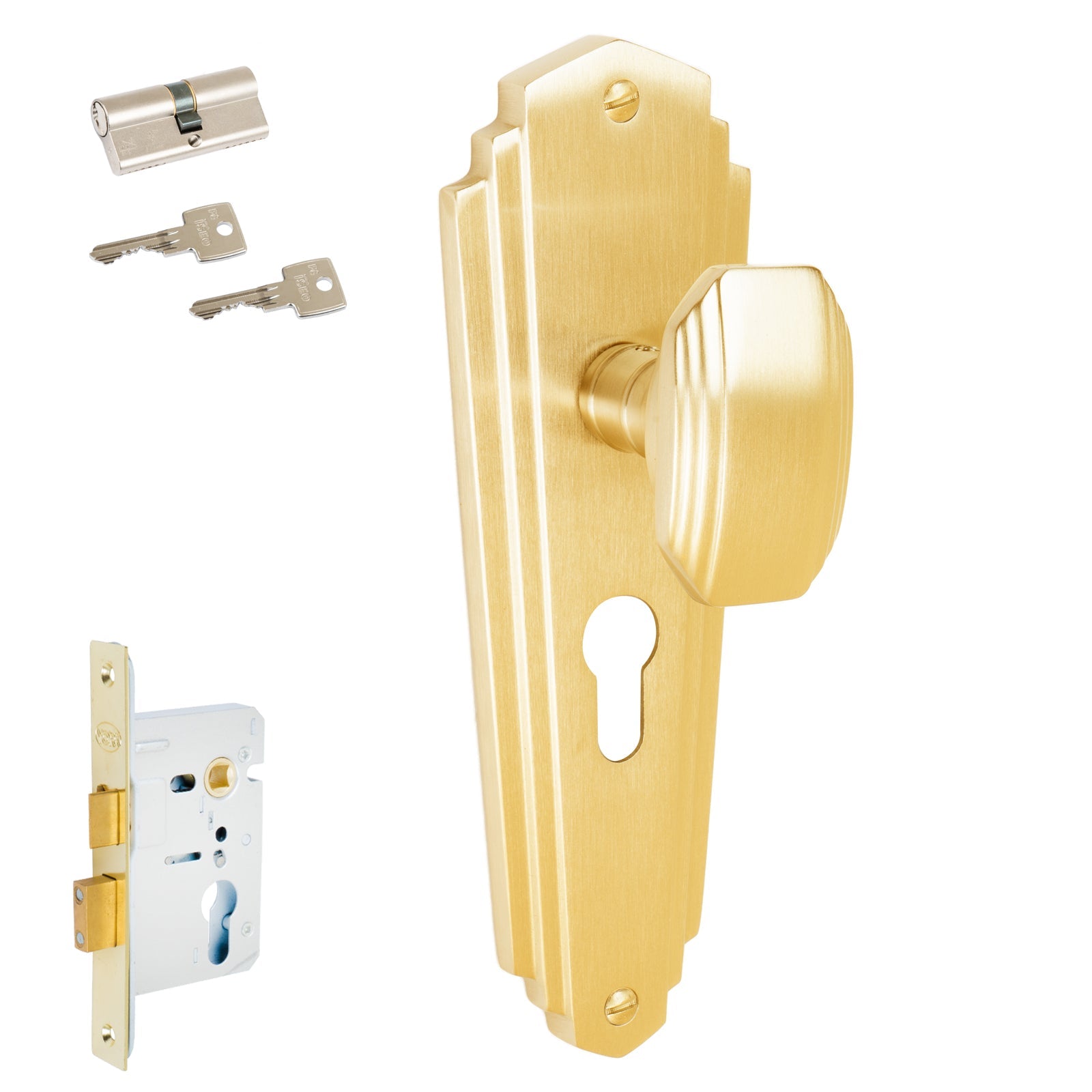 Charlston Door Handles On Plate Euro Lock Handle Set in Satin Brass