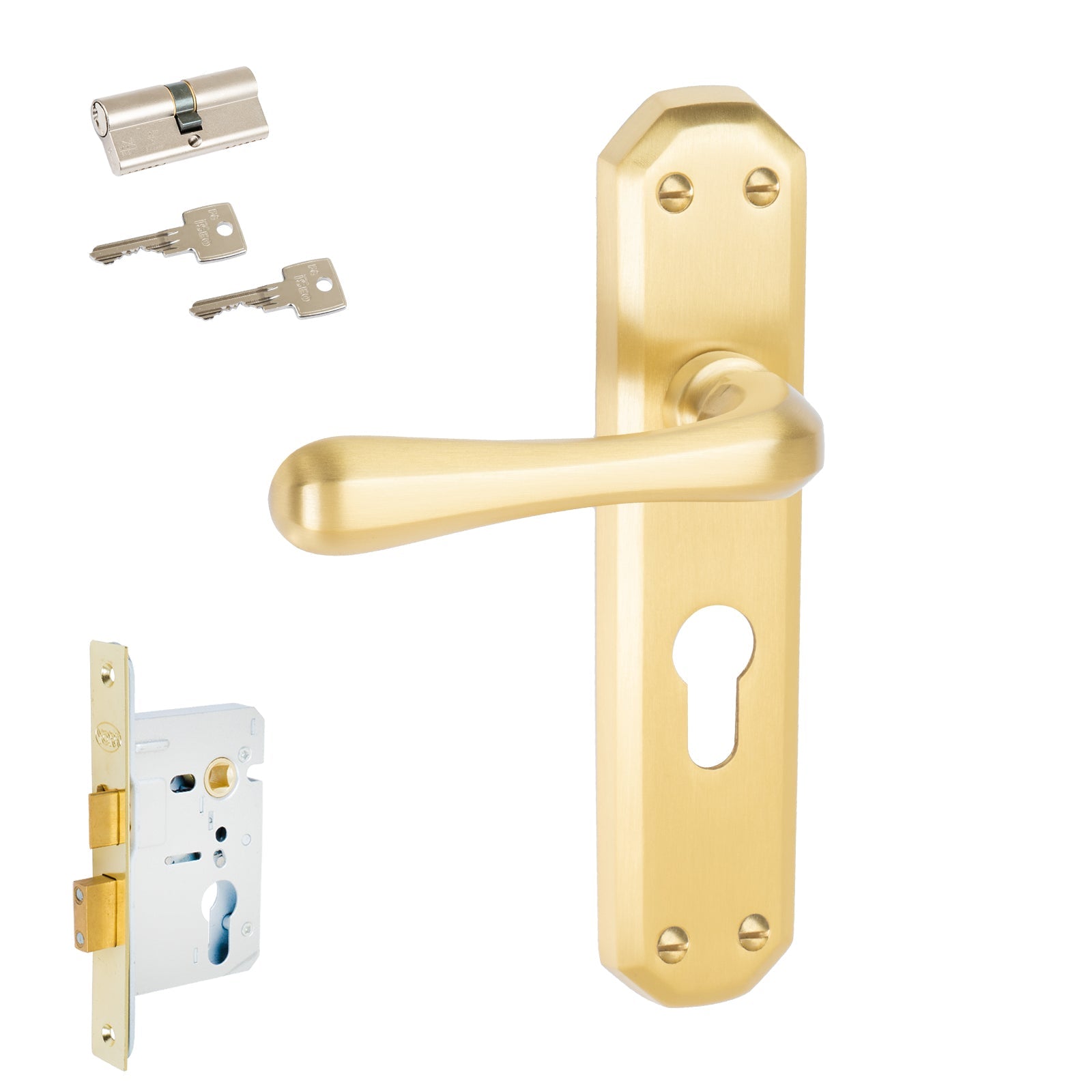 Charlbury Door Handles On Plate Euro Lock Handle Set in Satin Brass