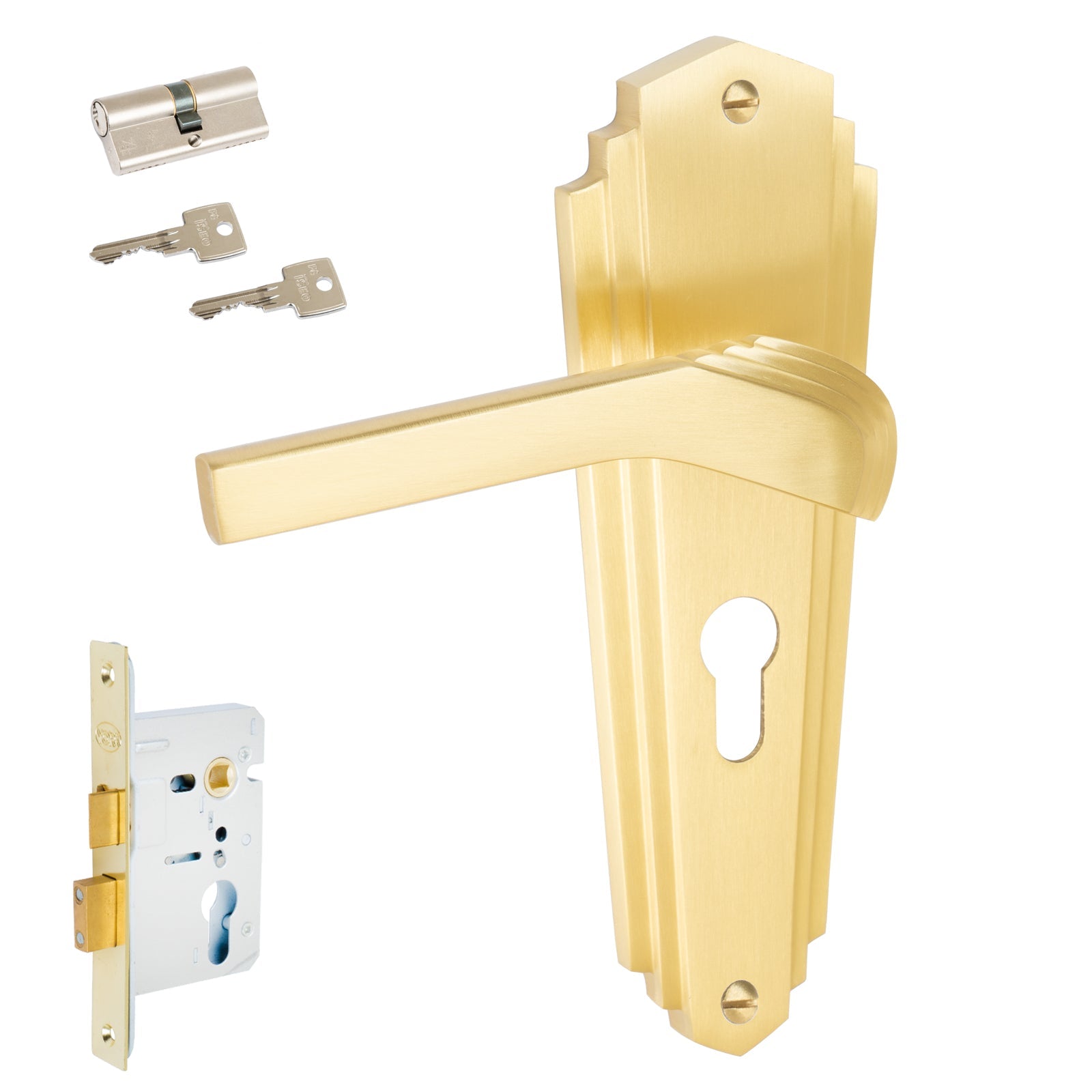 Waldorf Door Handles On Plate Euro Lock Handle Set in Satin Brass