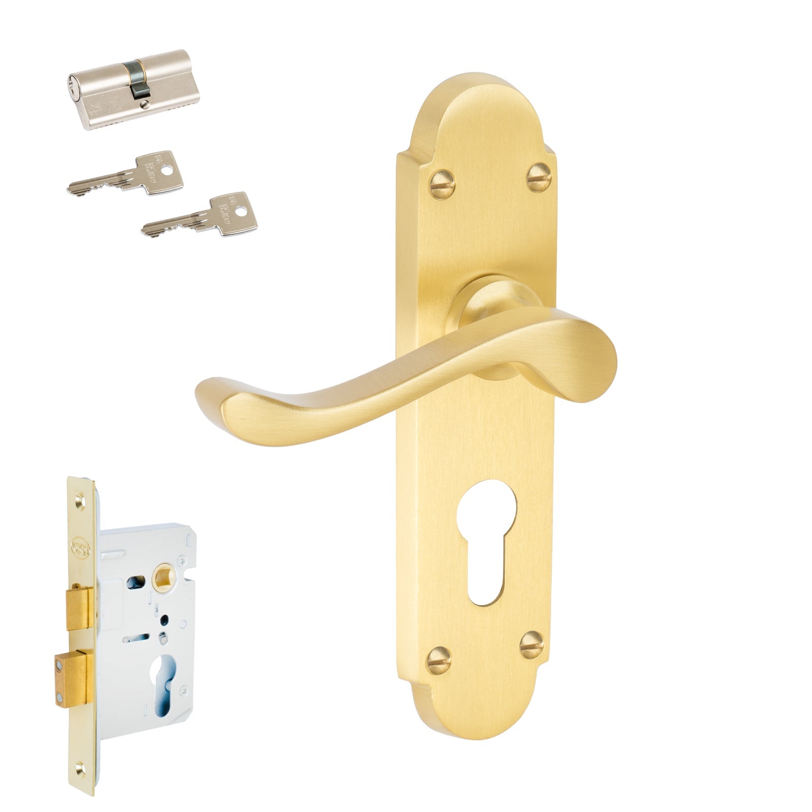 Savoy Door Handles On Plate 5 Lever Lock Handle Set in Satin Brass