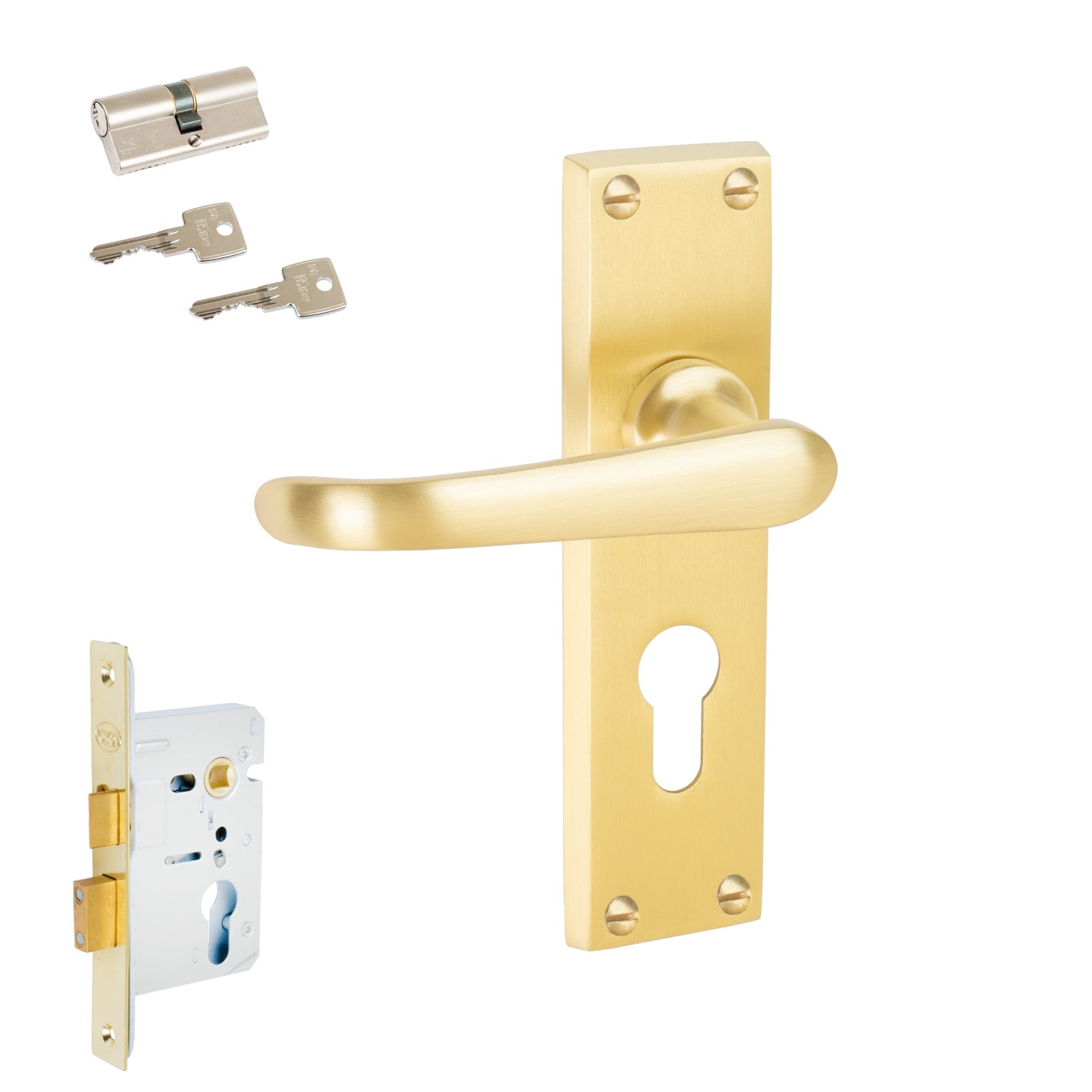 Windsor Door Handles On Plate Euro Lock Handle Set in Satin Brass