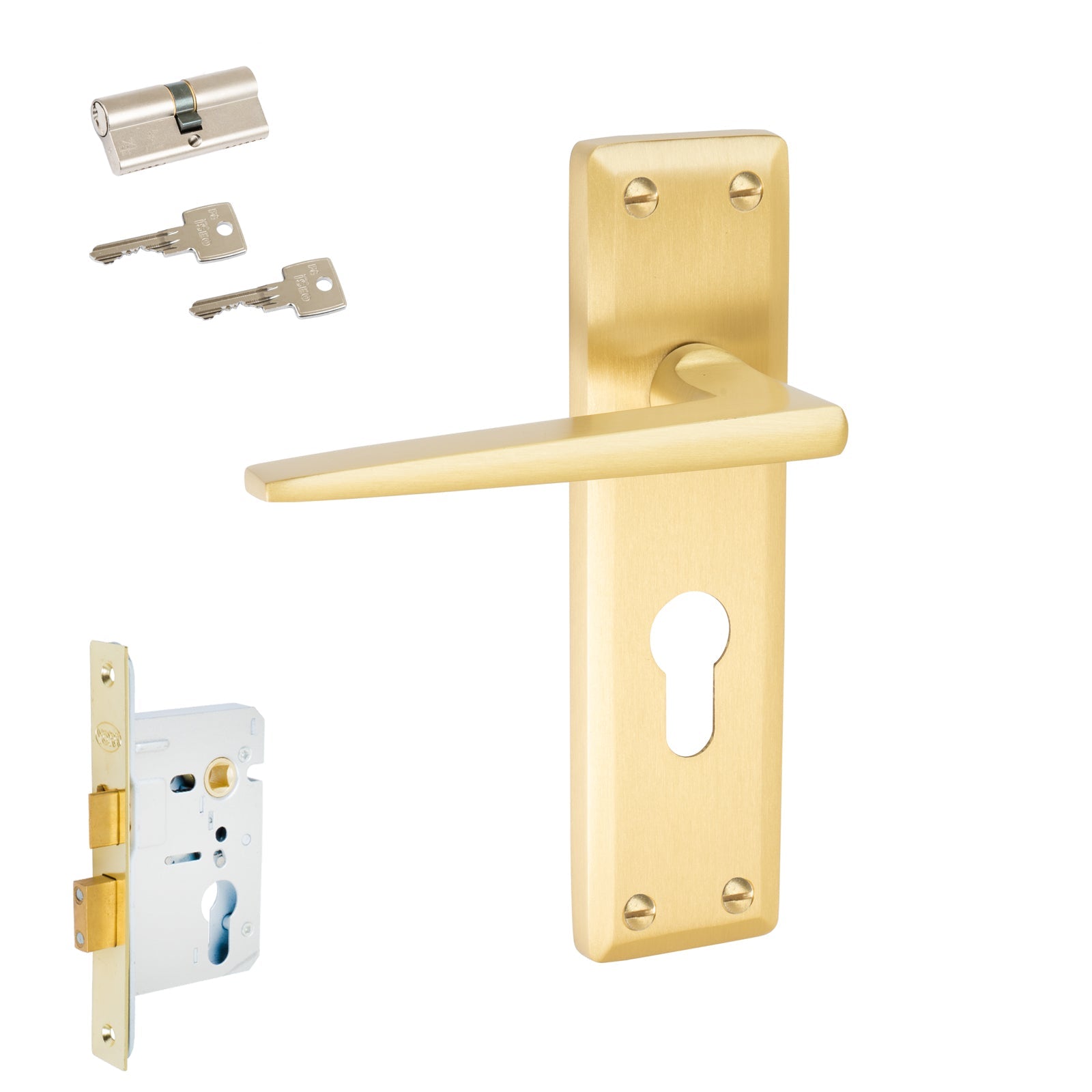 Kendal Door Handles On Plate Euro Lock Handle Set in Satin Brass