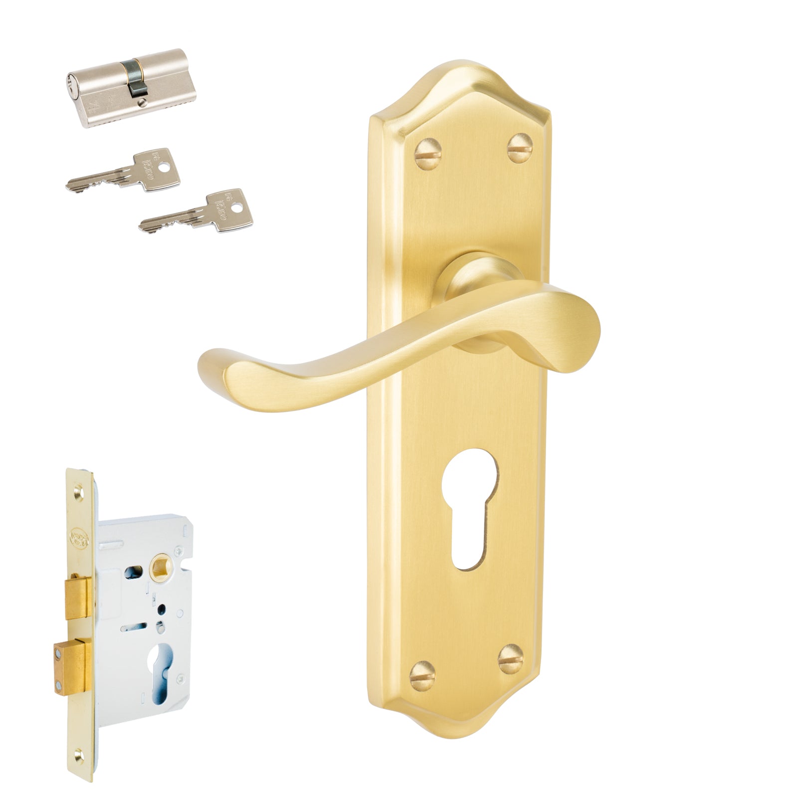 Buckingham Door Handles On Plate Euro Lock Handle Set in Satin Brass