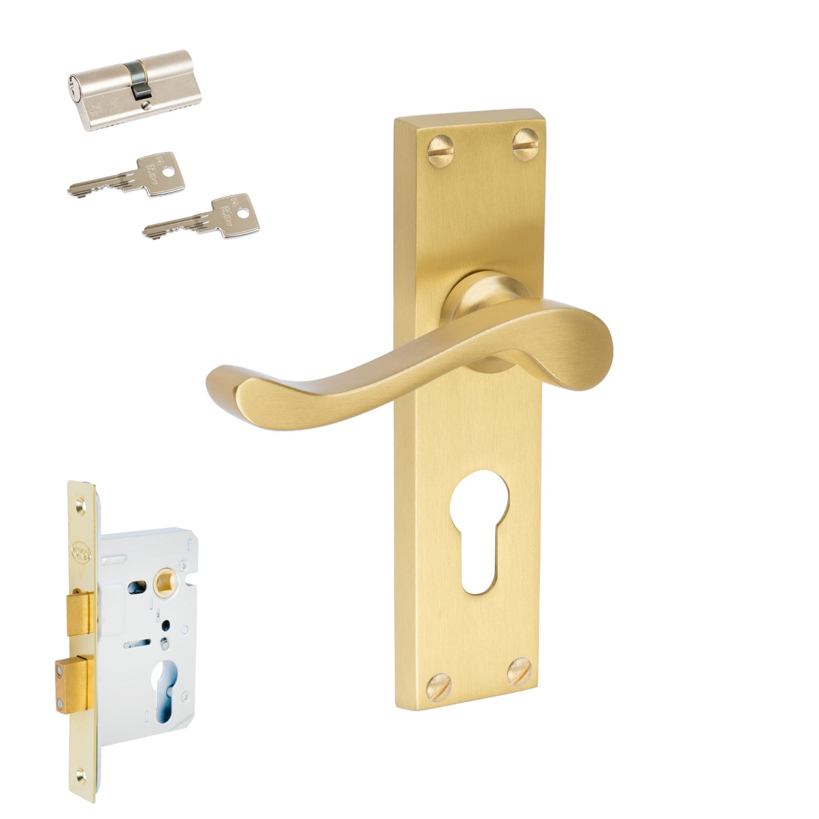 Bedford Door Handles On Plate Euro Lock Handle Set in Satin Brass