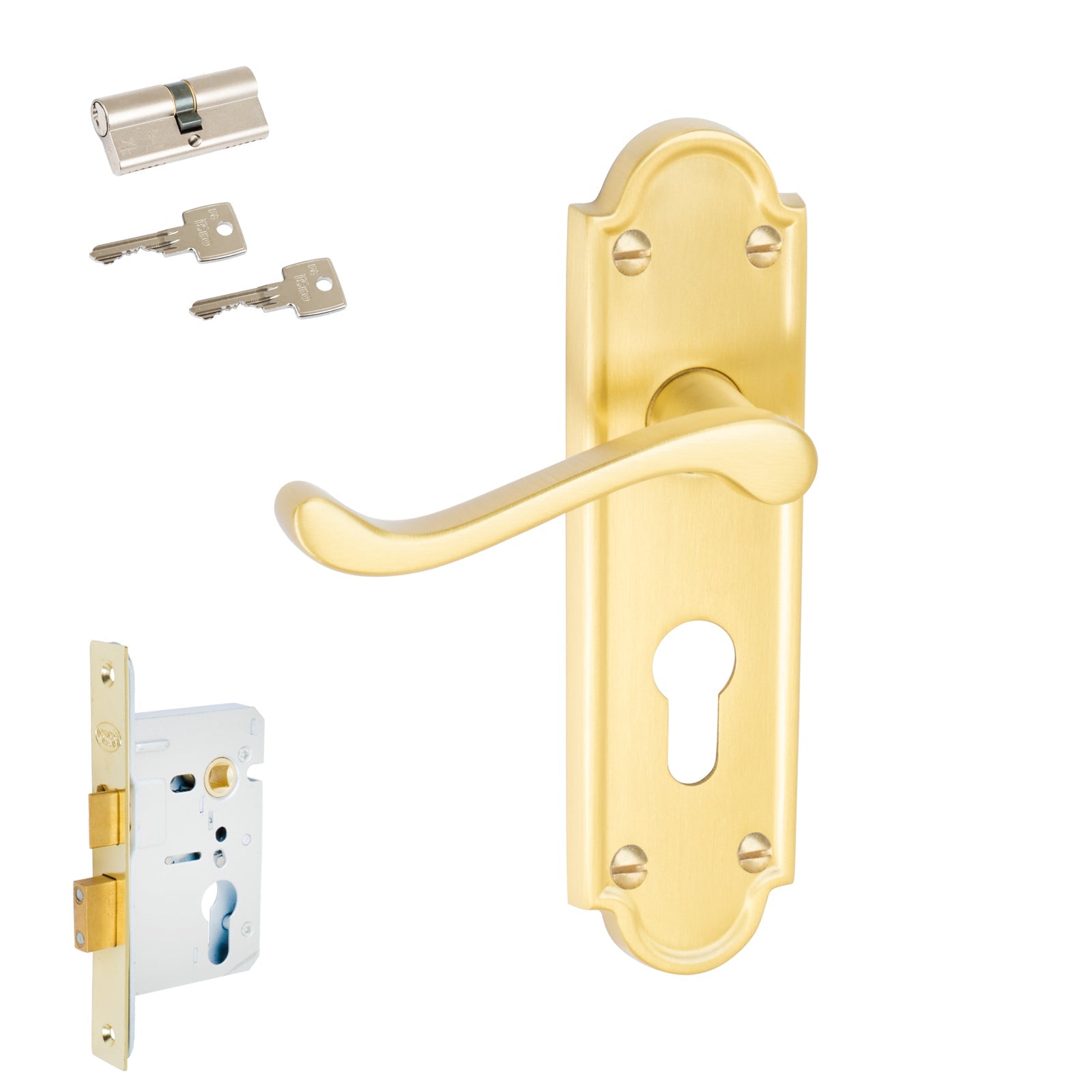 Meridian Door Handles On Plate Euro Lock Handle Set in Satin Brass