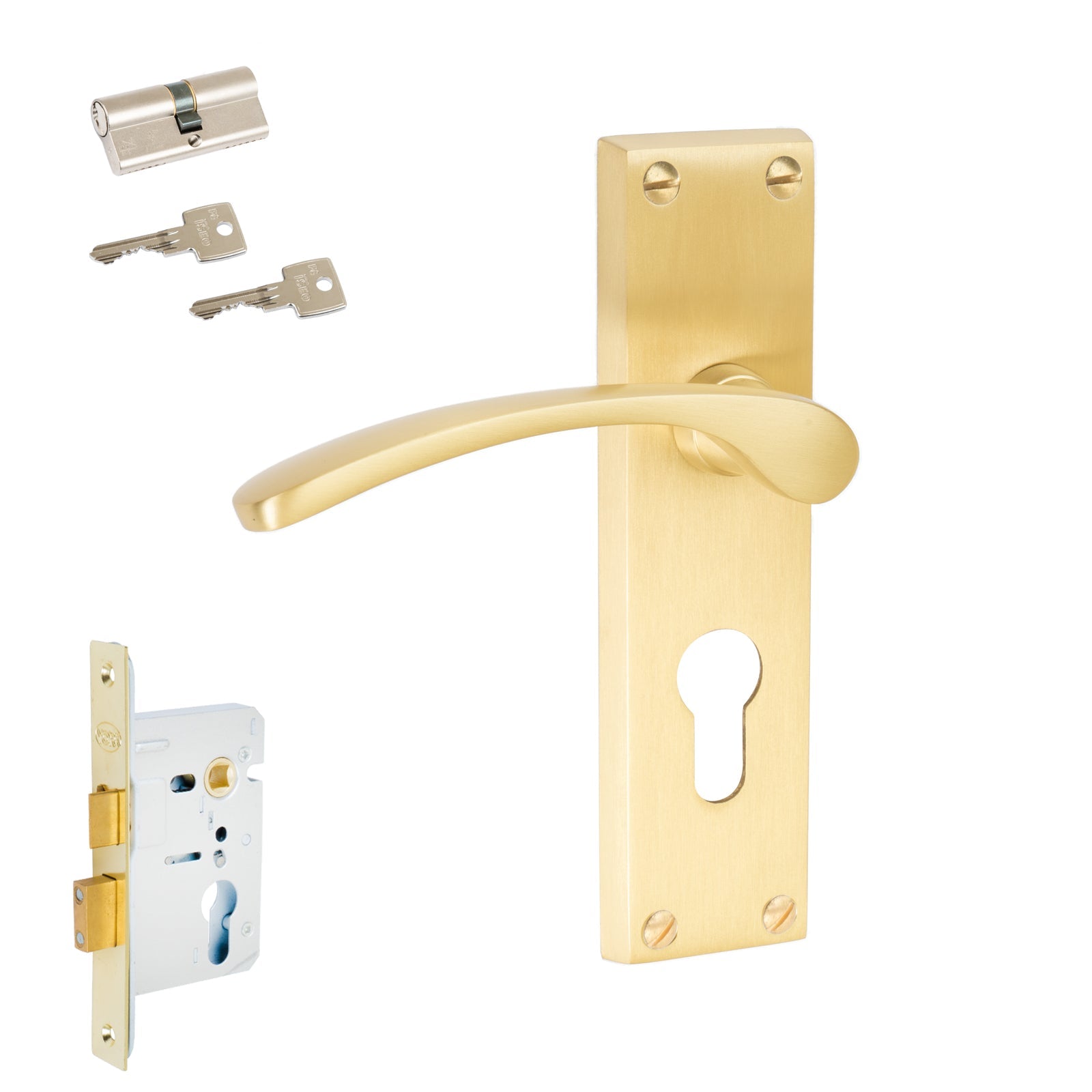 Sophia Door Handles On Plate Euro Lock Handle Set in Satin Brass