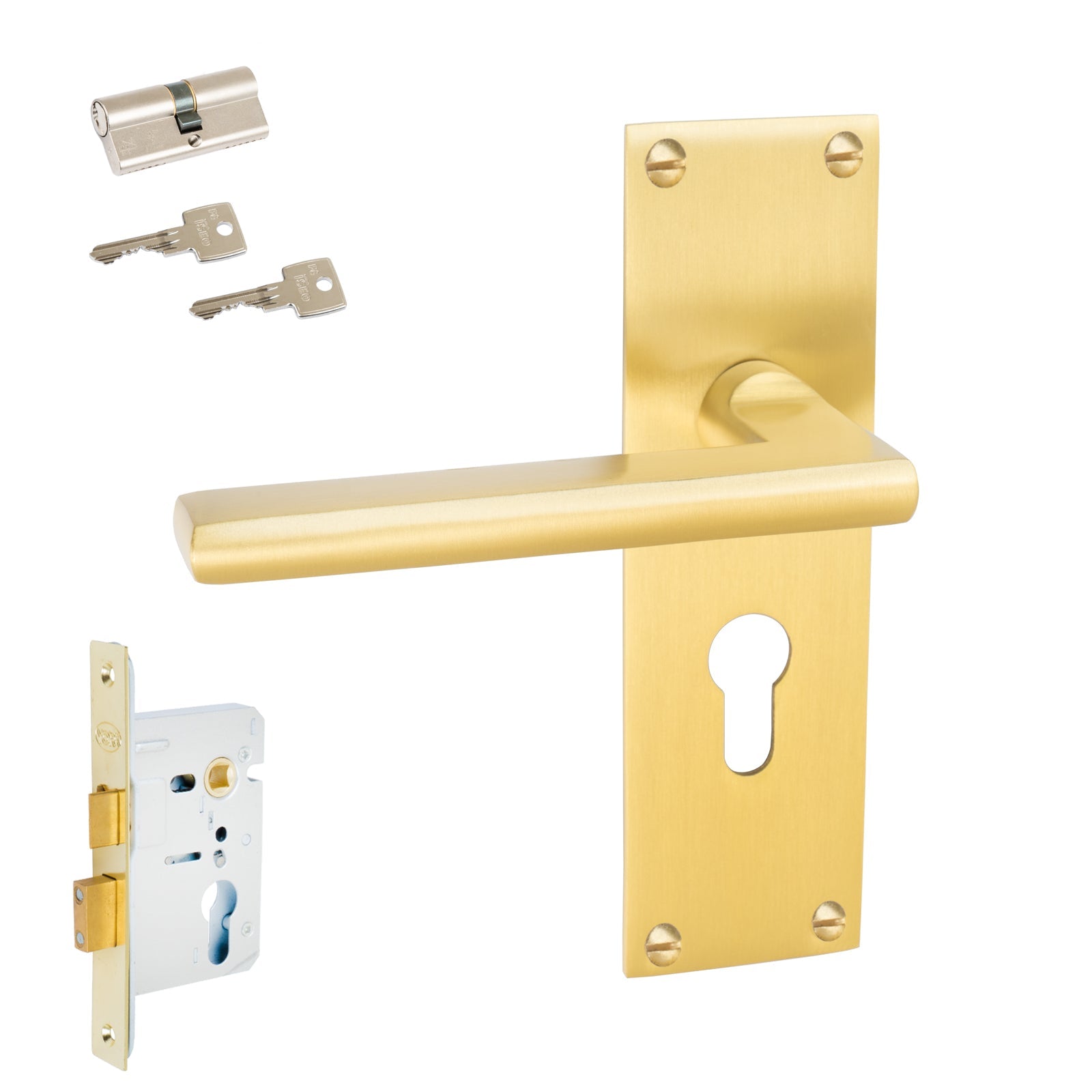 Trident Door Handles On Plate Euro Lock Handle Set in Satin Brass