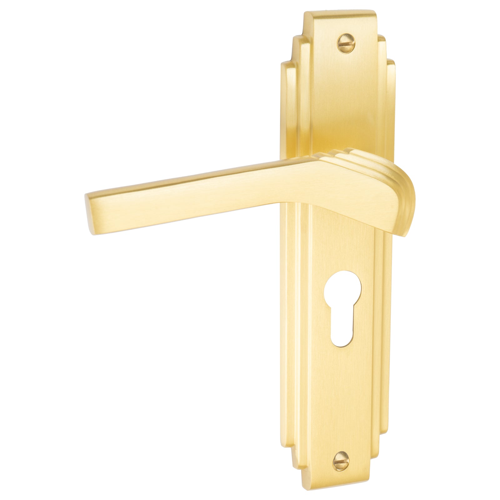 Tiffany Door Handles On Plate Euro Lock Handle in Satin Brass