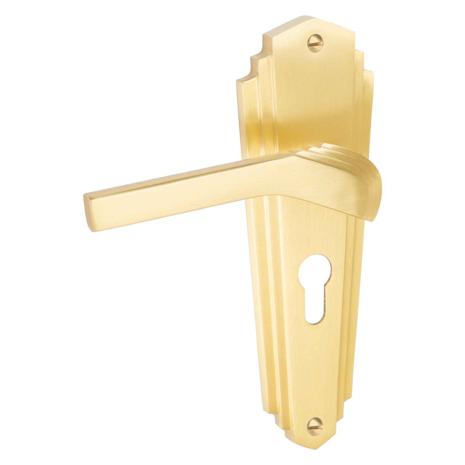 Waldorf Door Handles On Plate Euro Lock Handle in Satin Brass