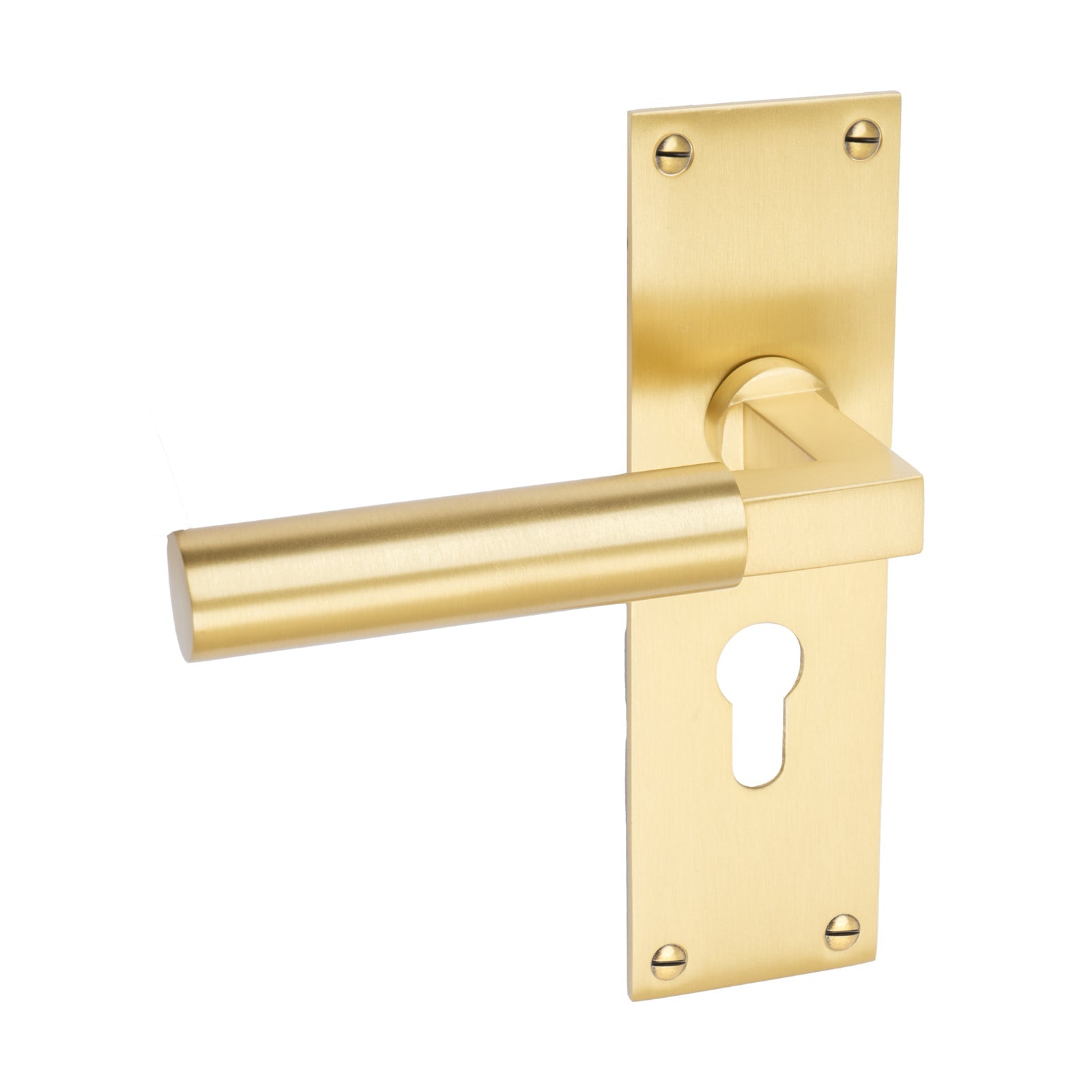 Bauhaus Door Handles On Plate Euro Lock Handle in Satin Brass