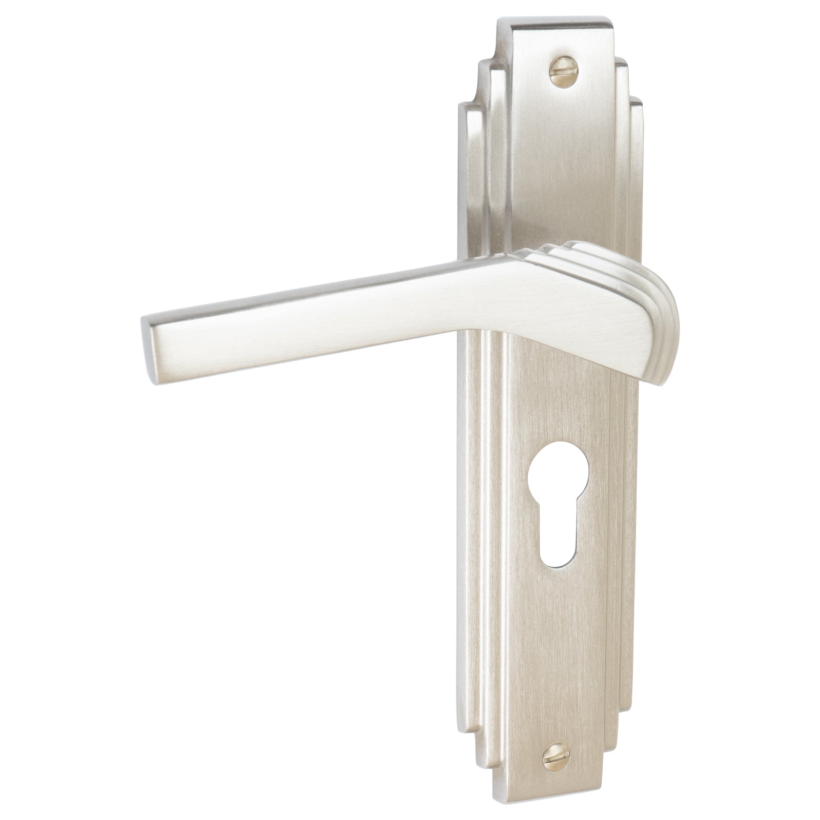 Tiffany Door Handles On Plate Euro Lock Handle in Satin Nickel