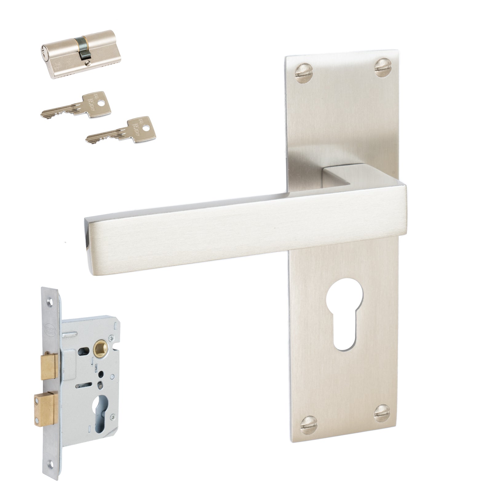 Metro Door Handles On Plate Euro Lock Handle Set in Satin Nickel