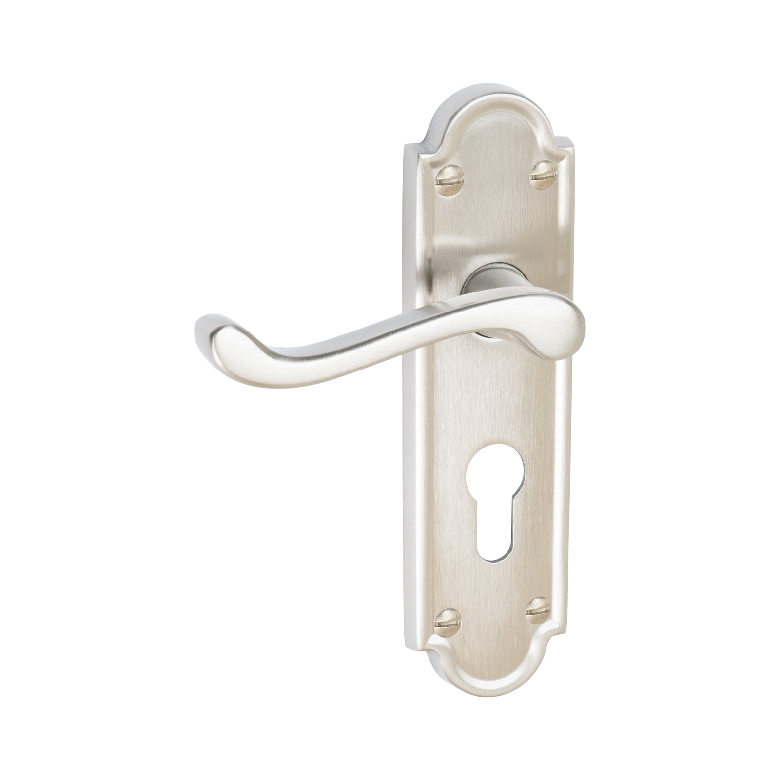 Meridian Door Handles On Plate Euro Lock Handle in Satin Nickel