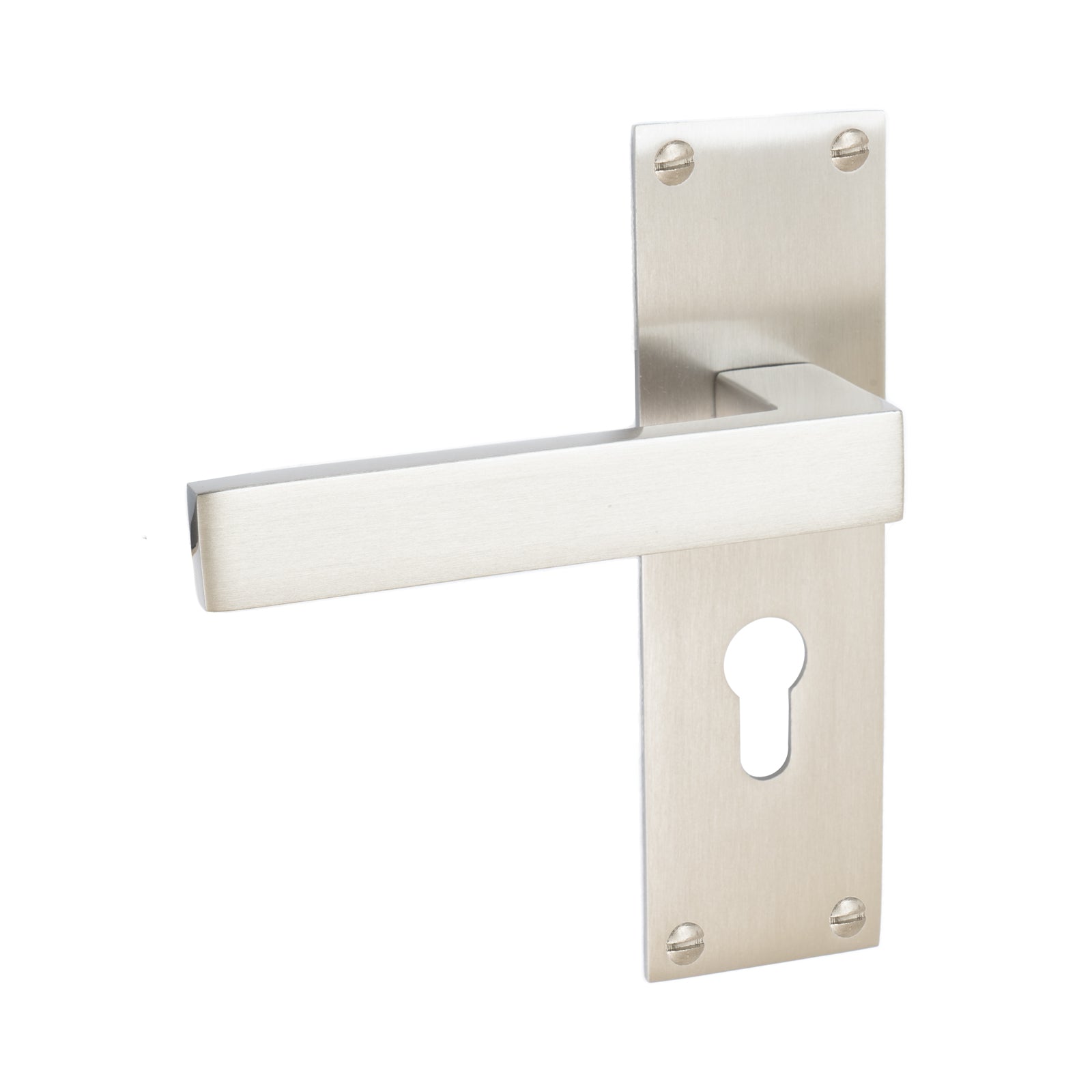 Metro Door Handles On Plate Euro Lock Handle in Satin Nickel 