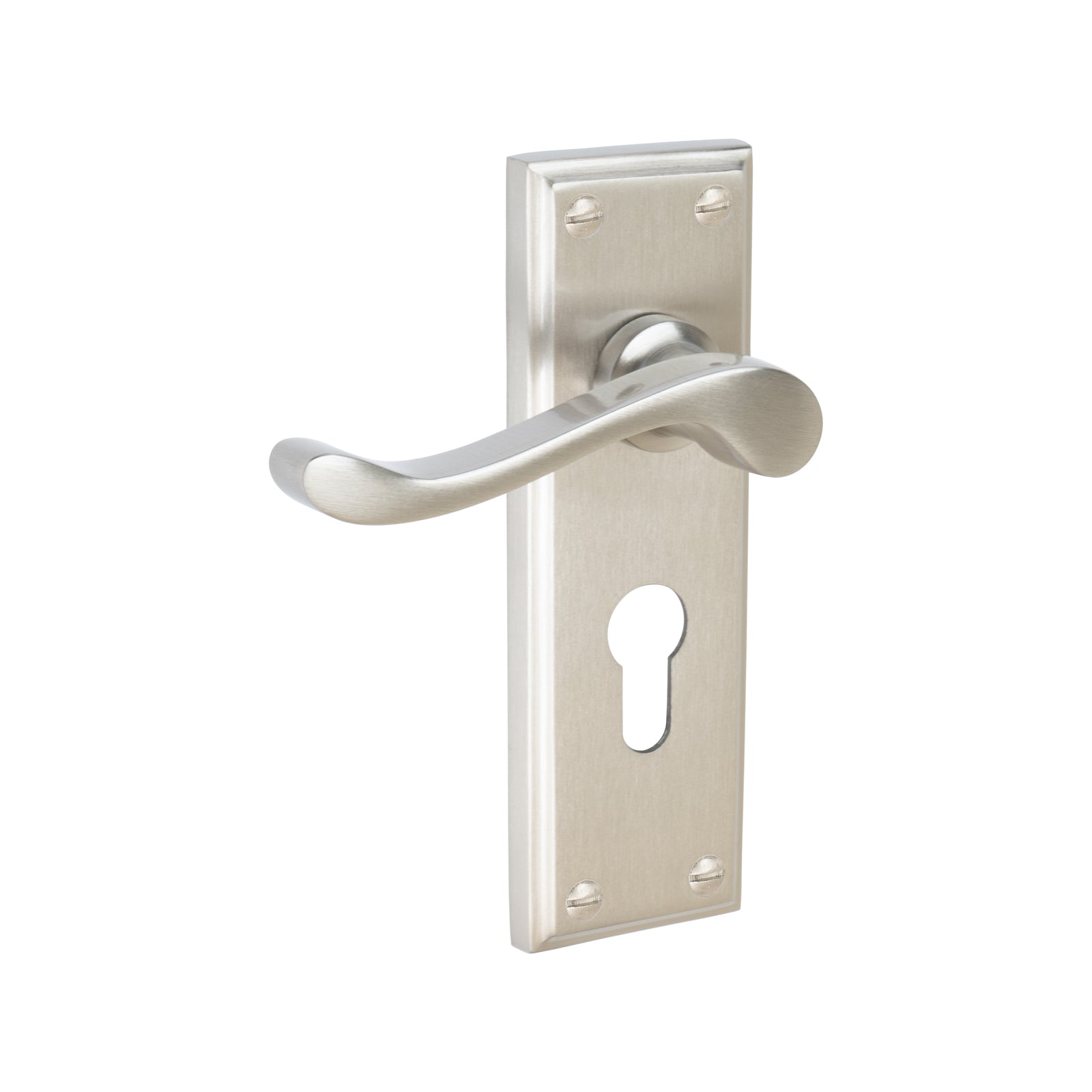 Edwardian Door Handles On Plate Euro Lock Handle in Satin Nickel