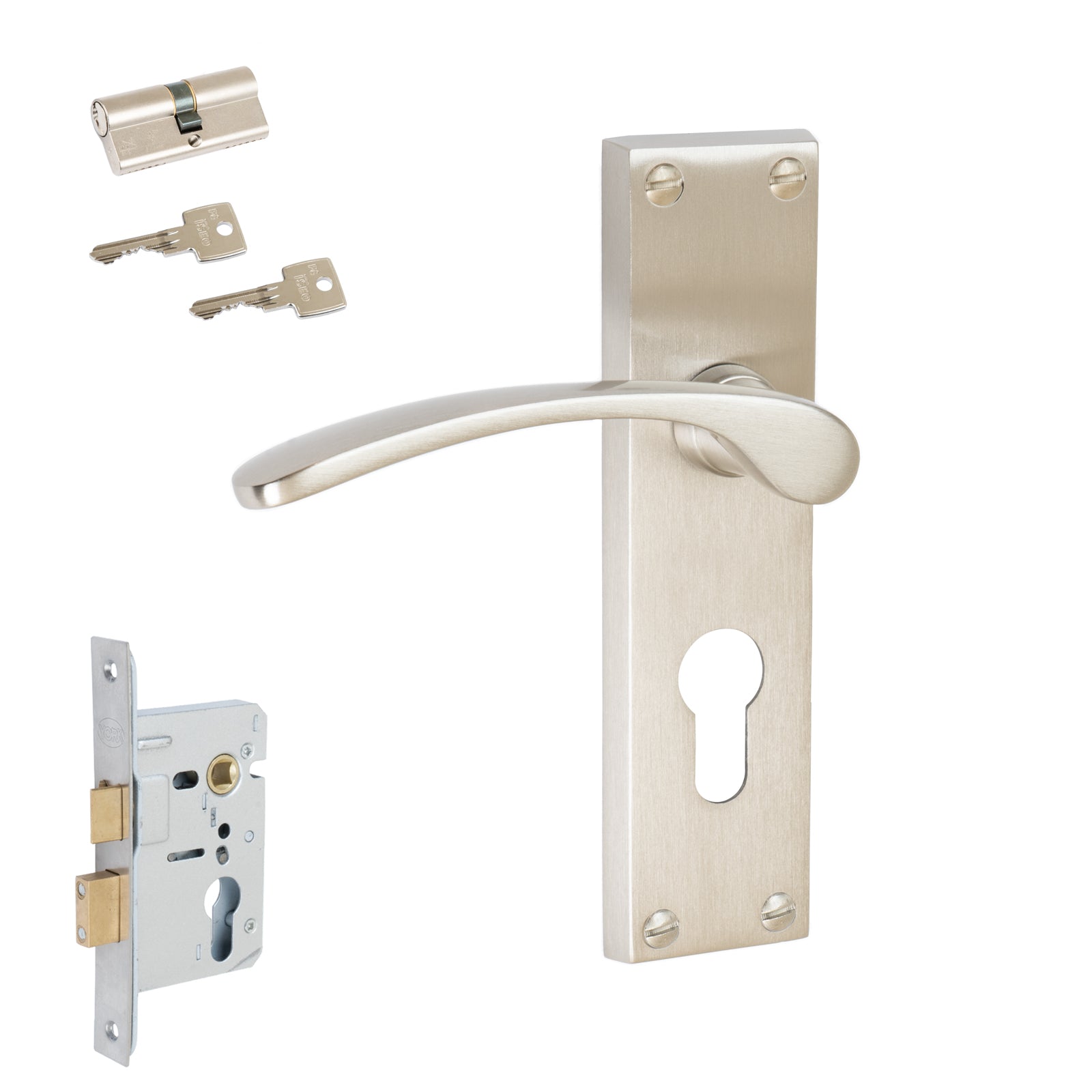 Sophia Door Handles On Plate Euro Lock Handle Set in Satin Nickel