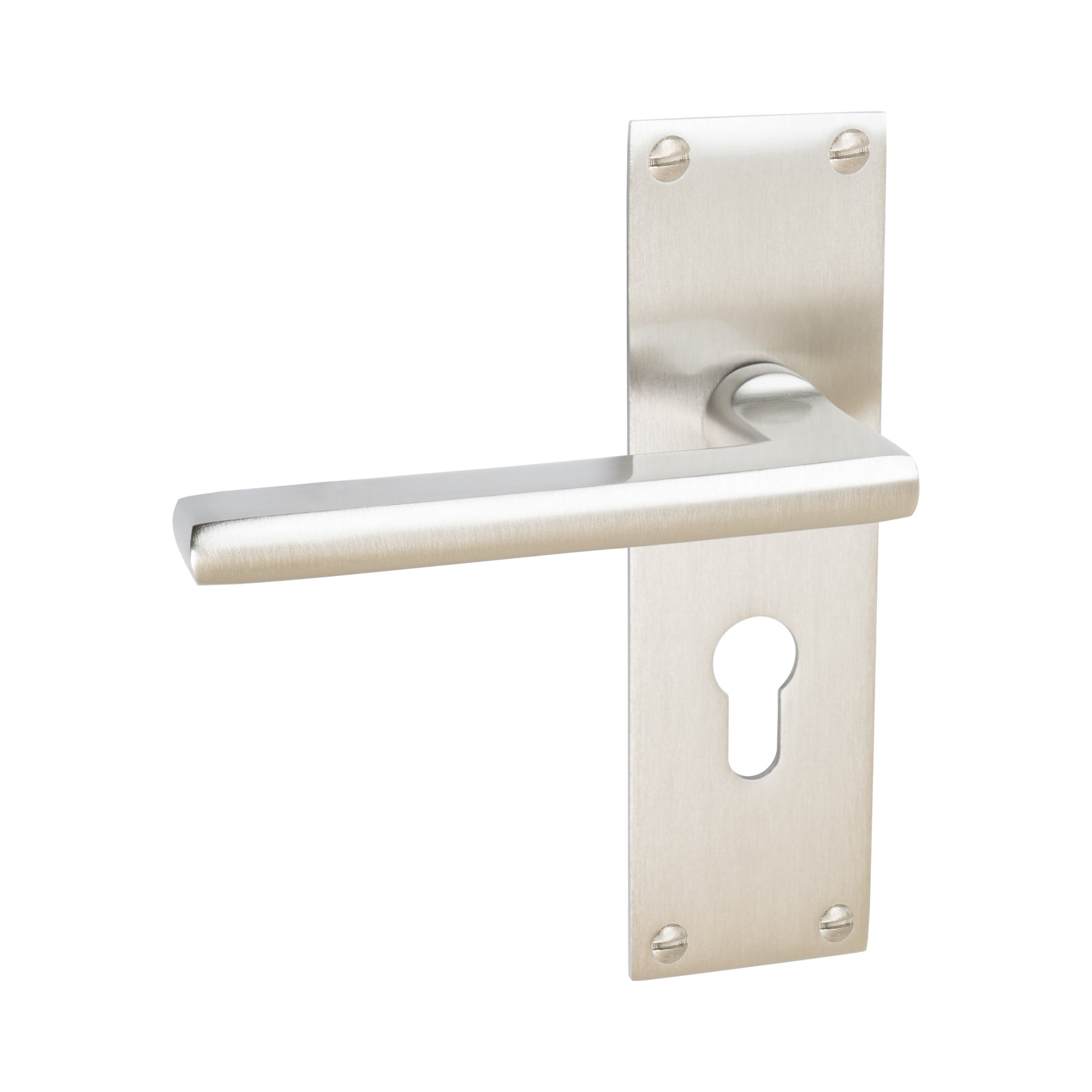 Trident Door Handles On Plate Euro Lock Handle in Satin Nickel