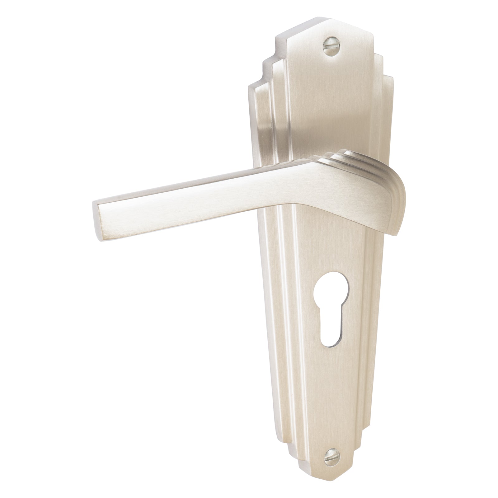 Waldorf Door Handles On Plate Euro Lock Handle in Satin Nickel