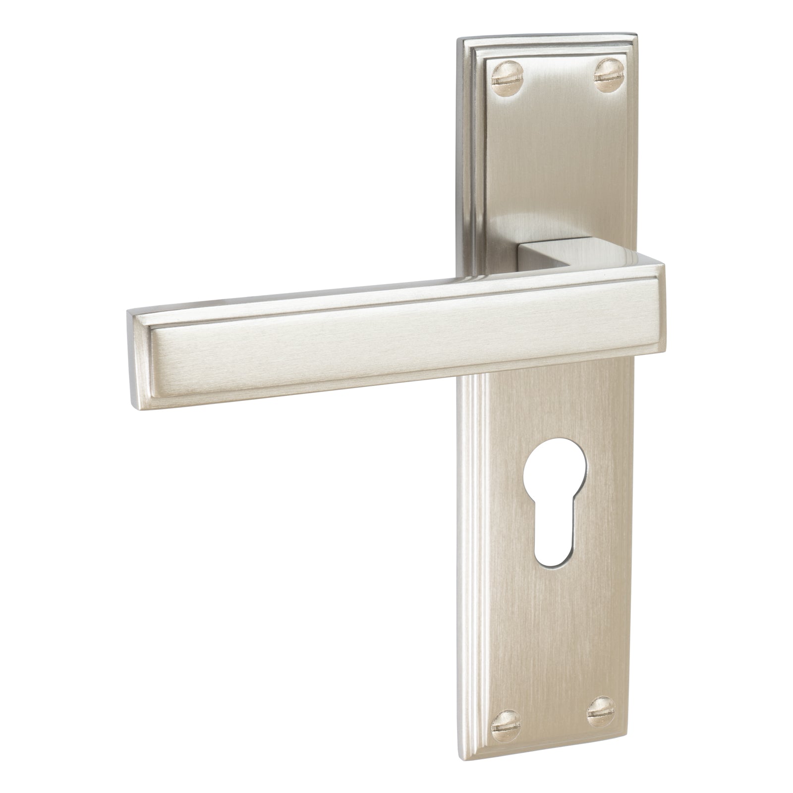 Atlantis Door Handles On Plate Euro Lock Handle in Satin Nickel