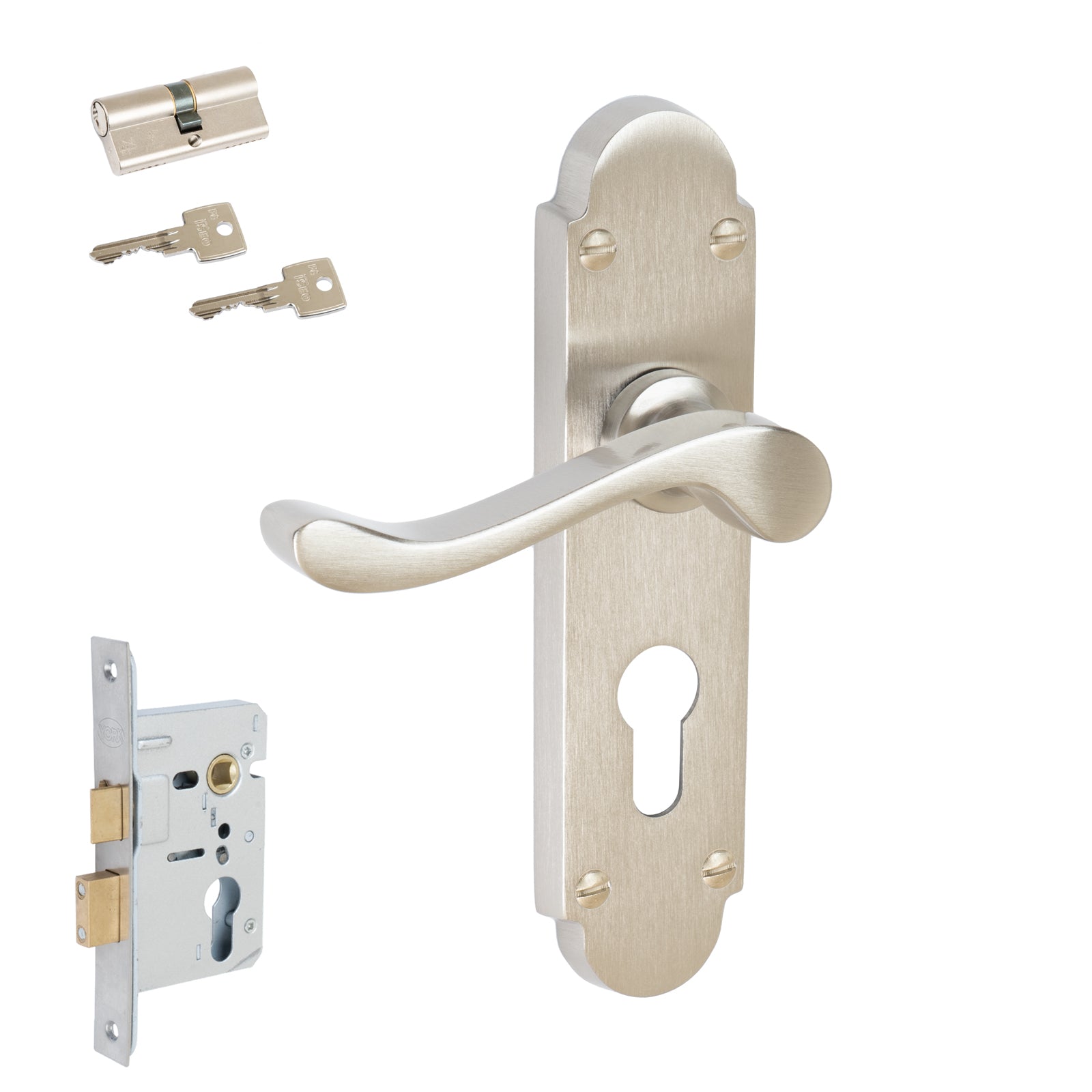 Savoy Door Handles On Plate Euro Lock Handle Set in Satin Nickel