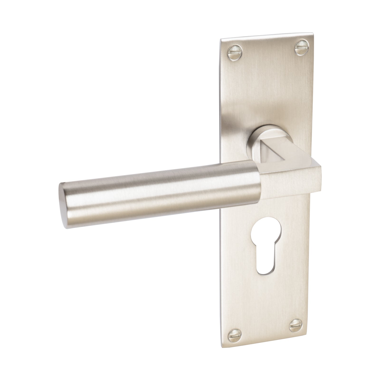 Bauhaus Door Handles On Plate Euro Lock Handle in Satin Nickel