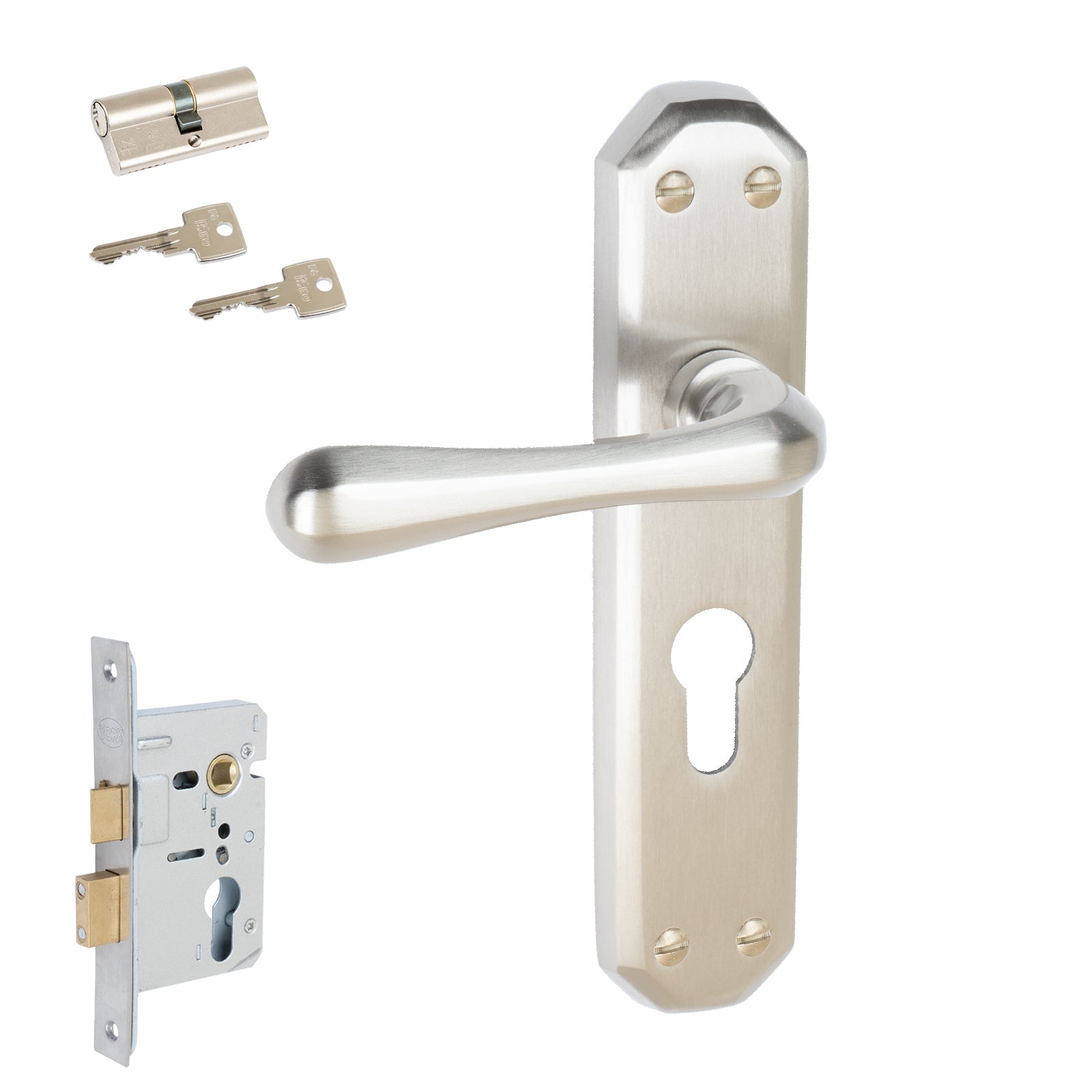 Charlbury Door Handles On Plate Euro Lock Handle Set in Satin Nickel