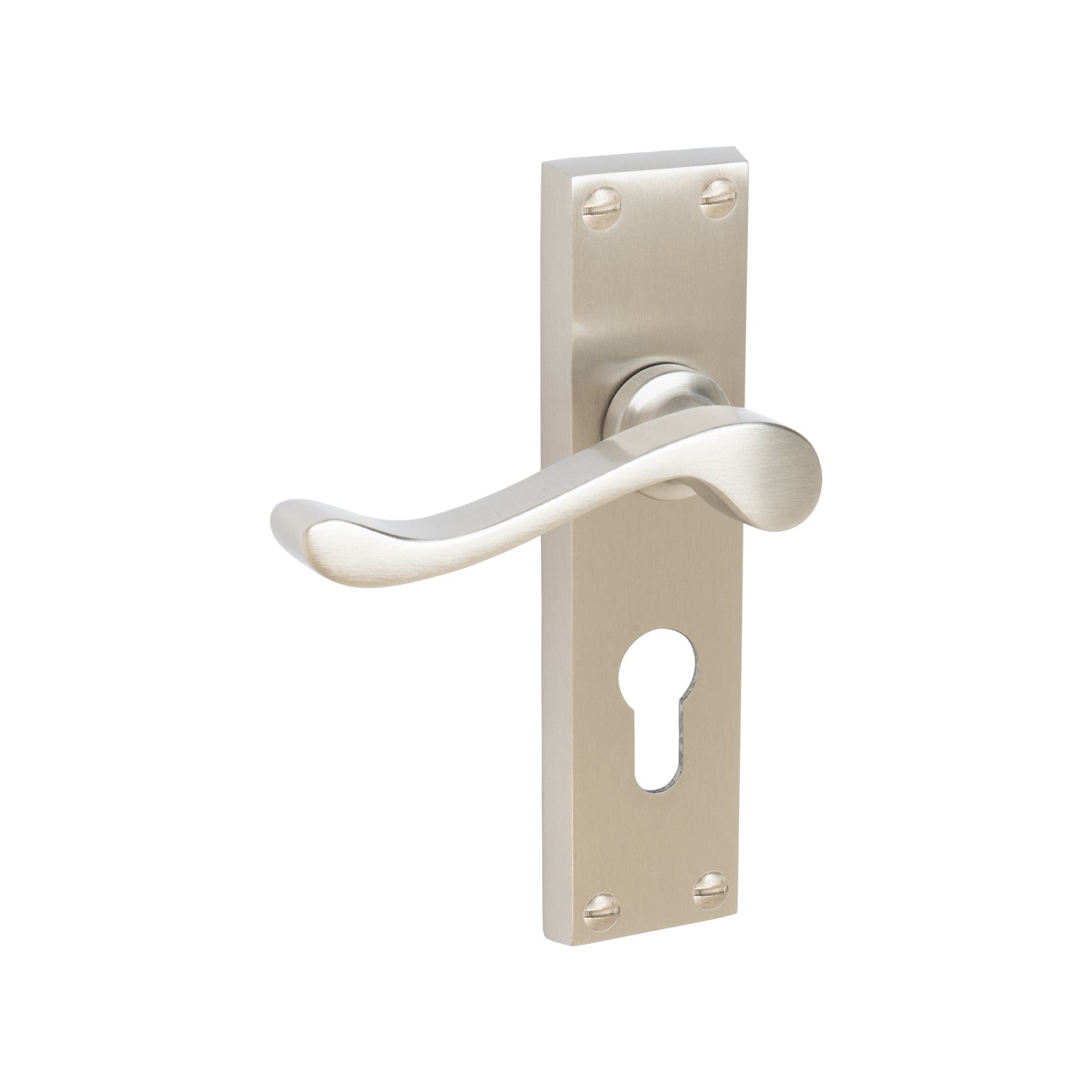 Bedford Door Handles On Plate Euro Lock Handle in Satin Nickel