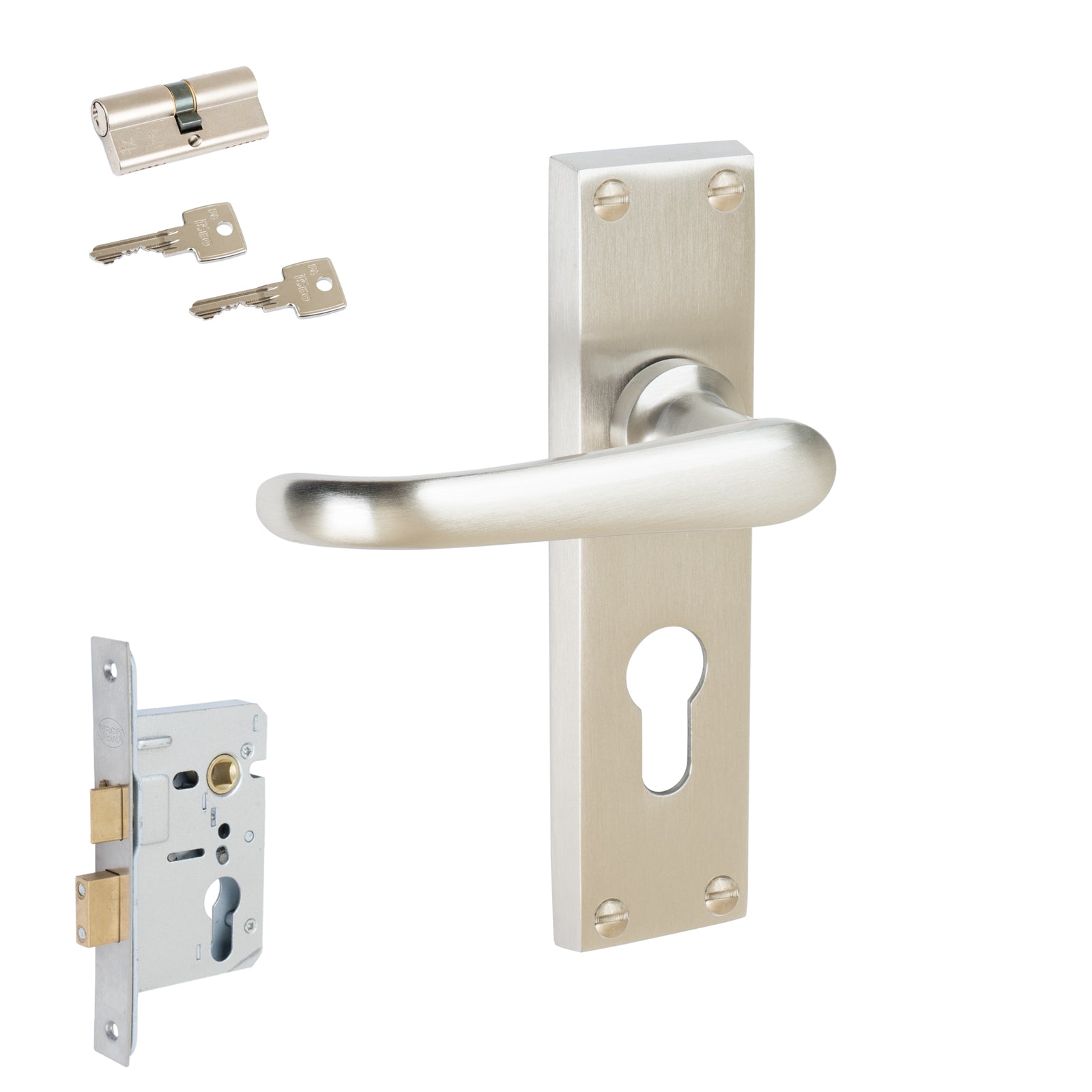 Windsor Door Handles On Plate Euro Lock Handle Set in Satin Nickel