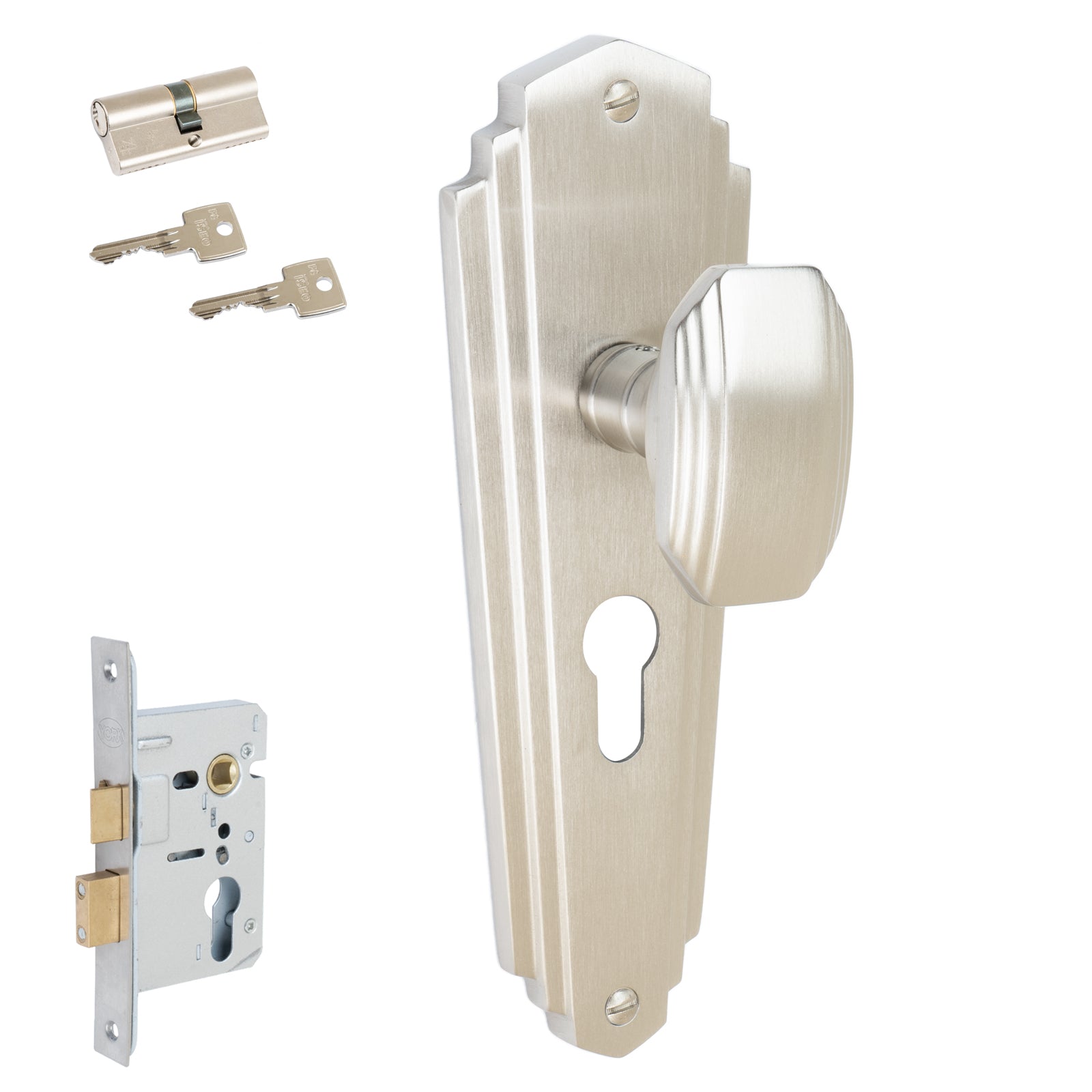 Charlston Door Handles On Plate Euro Lock Handle Set in Satin Nickel