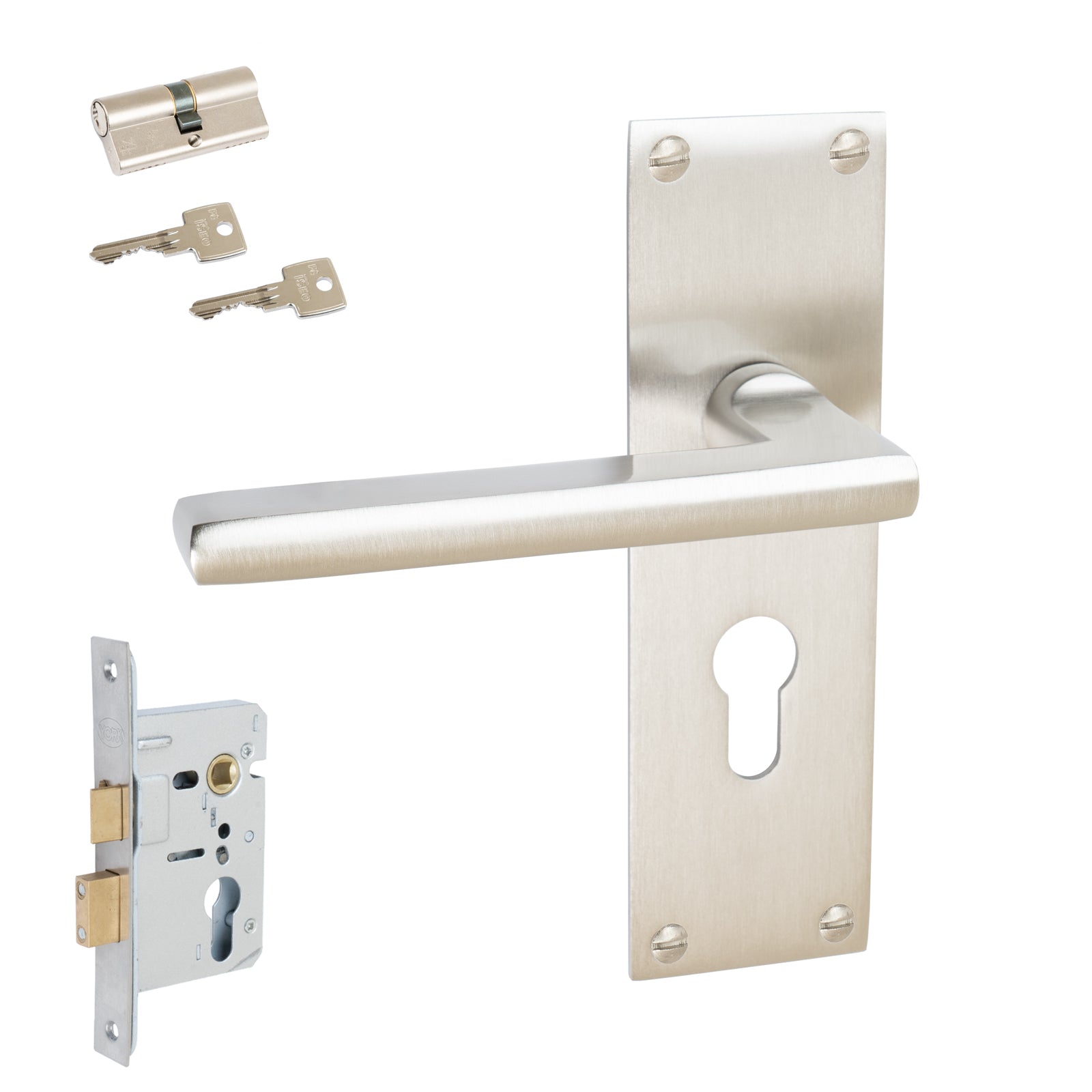 Trident Door Handles On Plate Euro Lock Handle Set in Satin Nickel