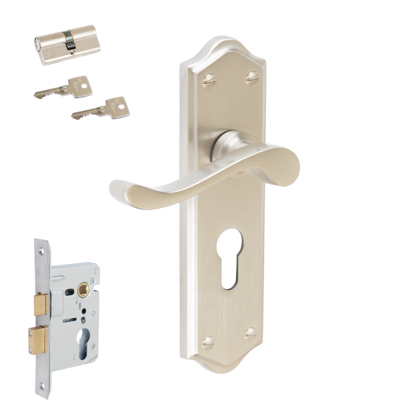 Buckingham Door Handles On Plate Euro Lock Handle Set in Satin Nickel