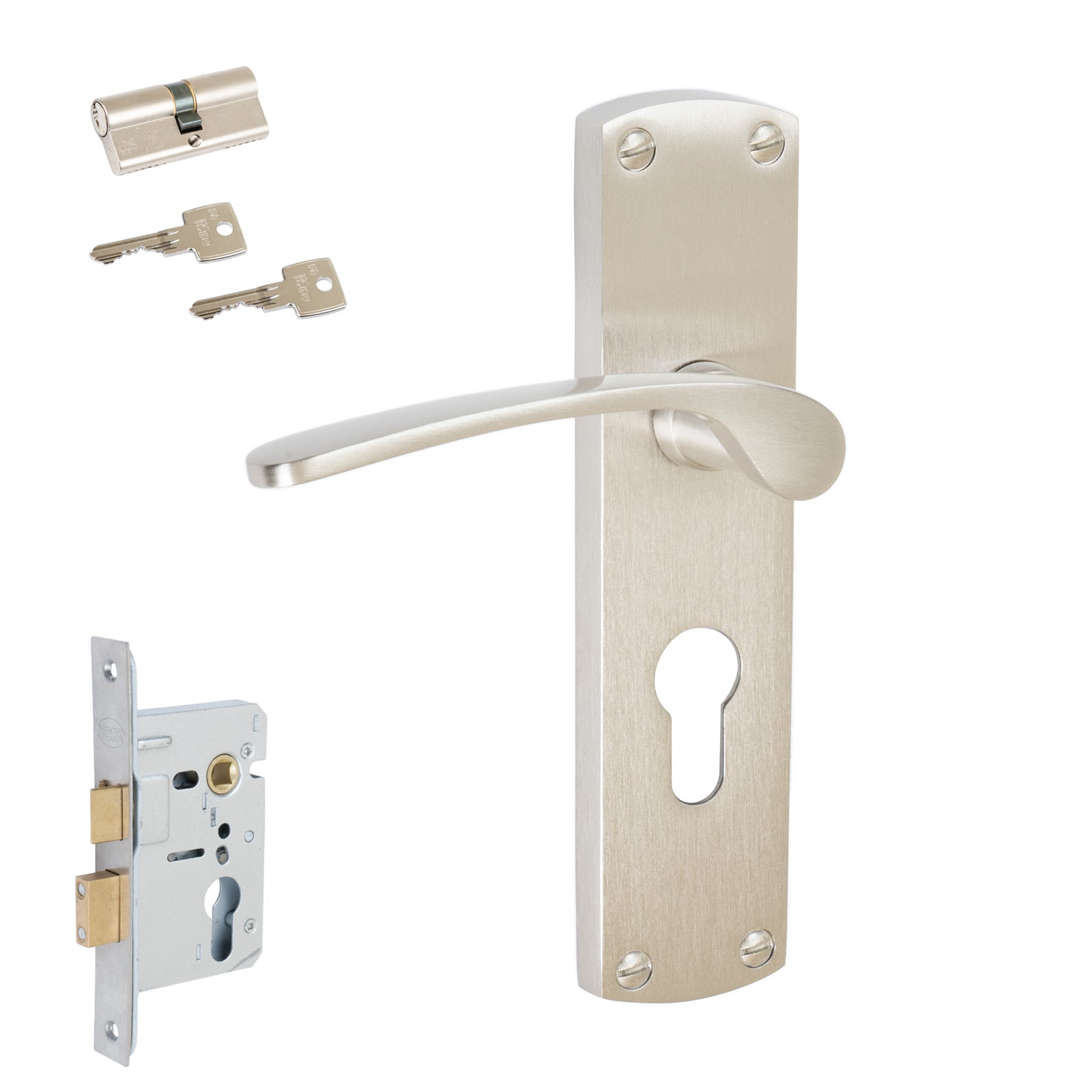 Diplomat Door Handles On Plate Euro Lock Handle Set in Satin Nickel