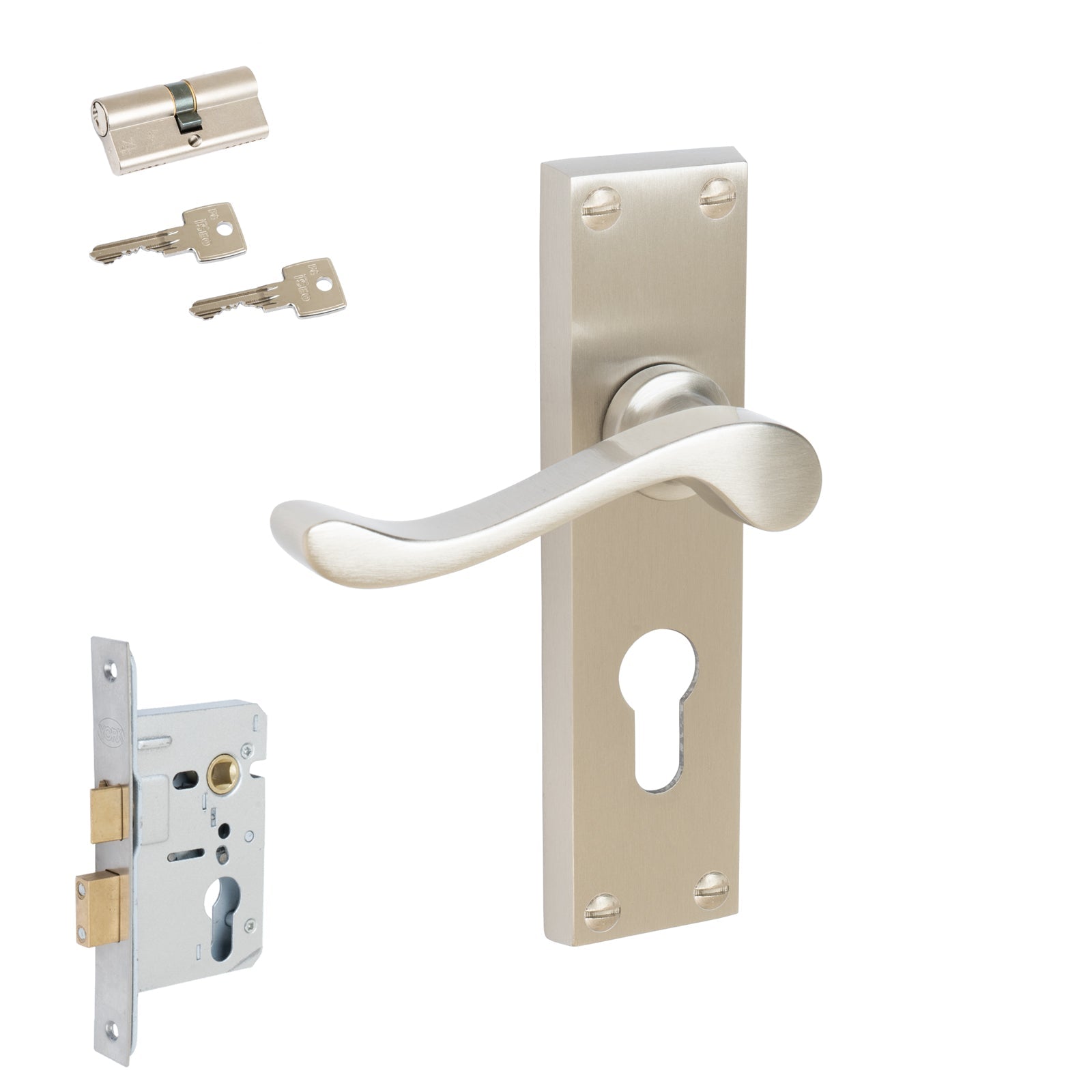 Bedford Door Handles On Plate Euro Lock Handle Set in Satin Nickel