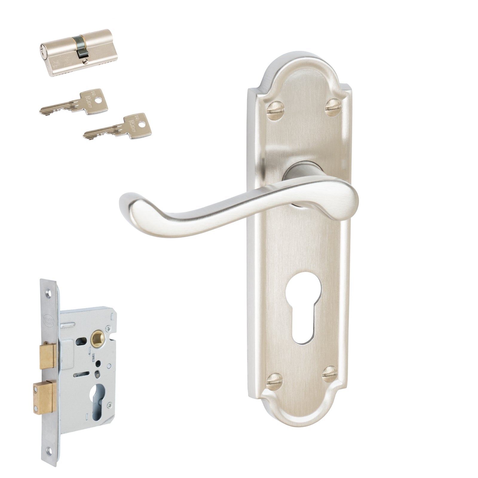 Meridian Door Handles On Plate Euro Lock Handle Set in Satin Nickel