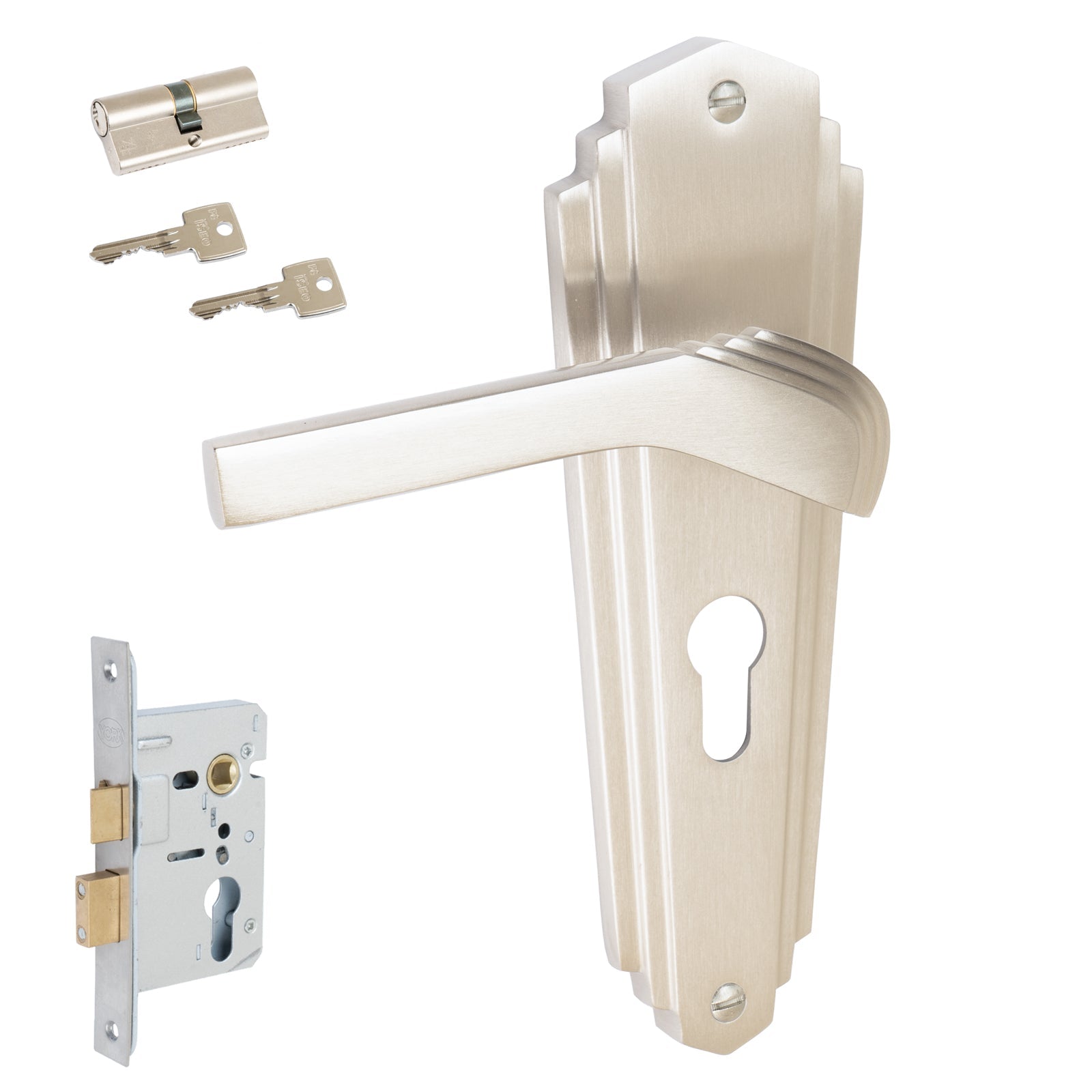 Waldorf Door Handles On Plate Euro Lock Handle Set in Satin Nickel