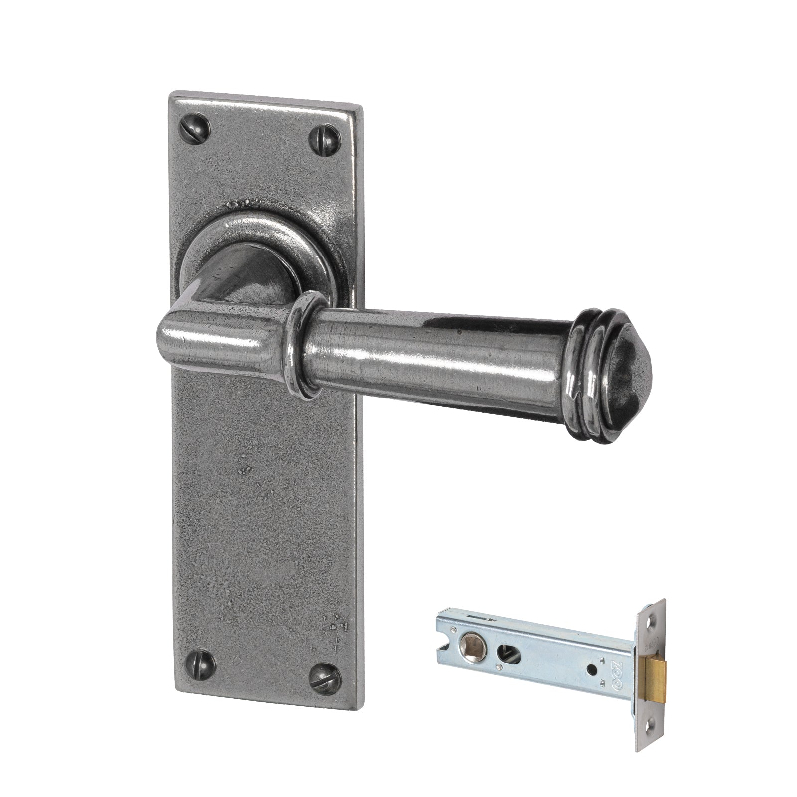 Durham Pewter Door Handles On Narrow Backplate latch set