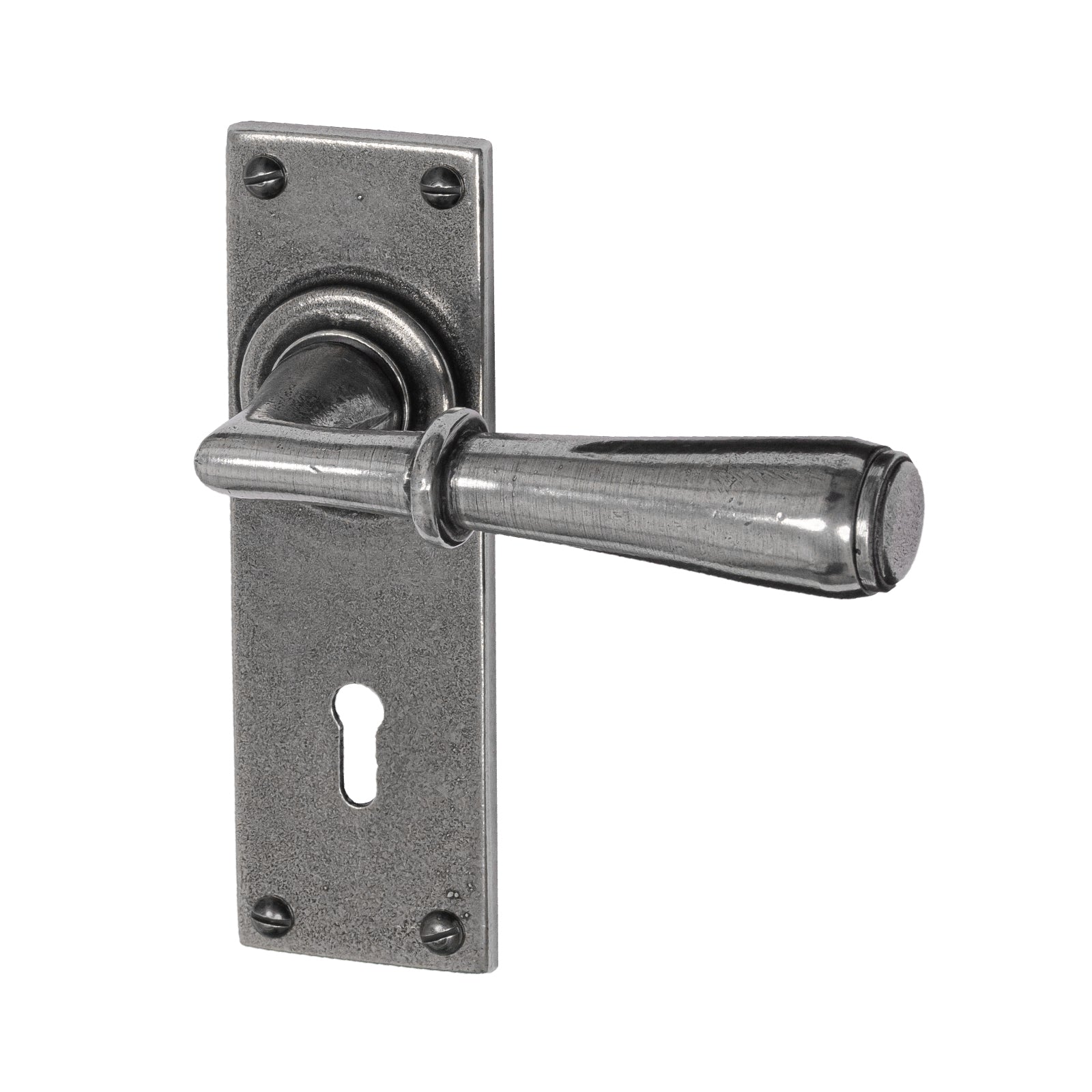 Fenwick Pewter Door Handles On Narrow Backplate 3 lever lock set