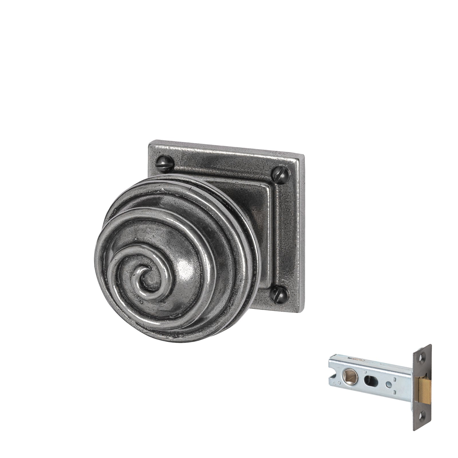 Swirl Pewter Door Knobs On Square Rose set